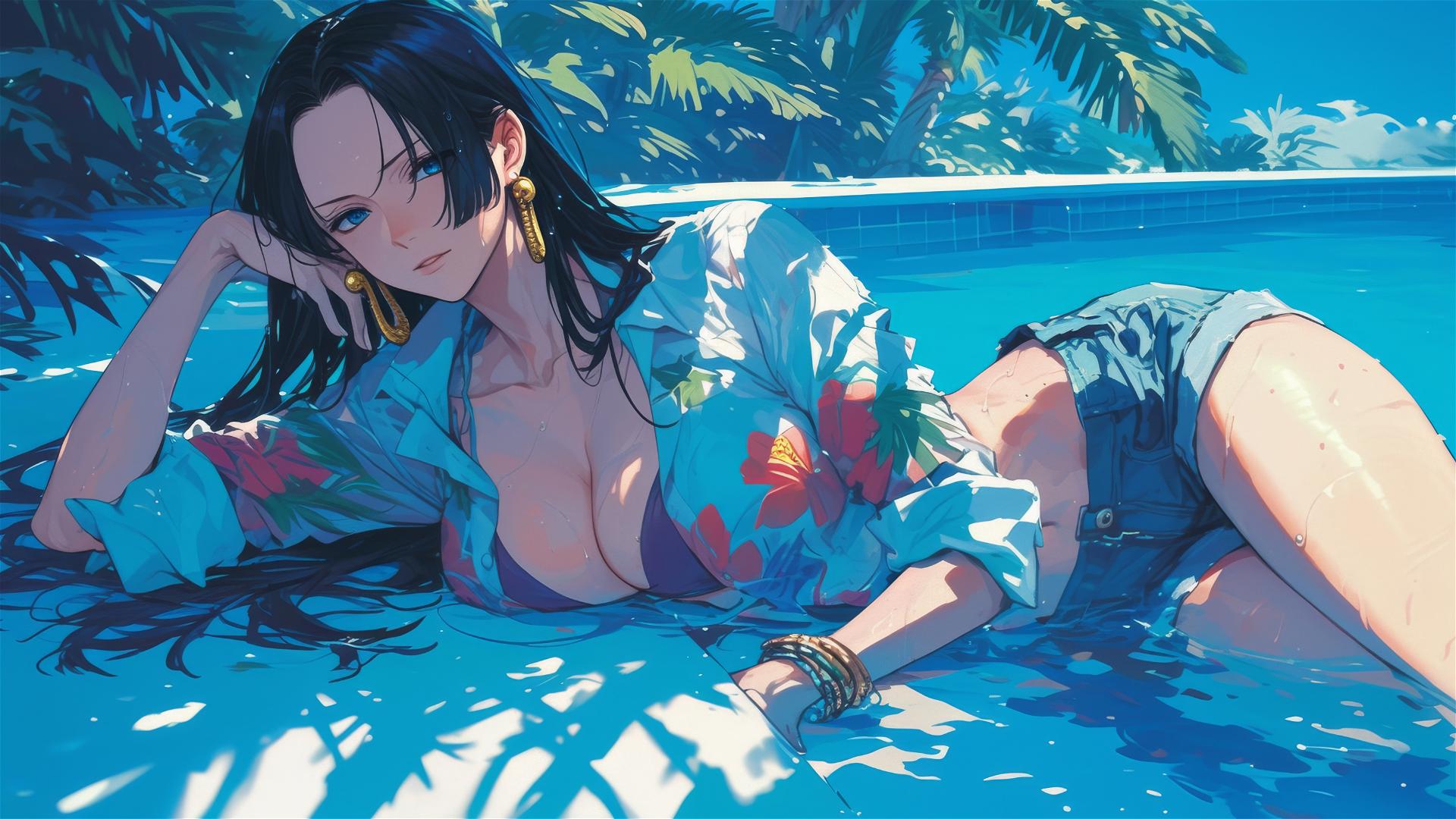 Boa Hancock from One Piece resting by pool under moonlight