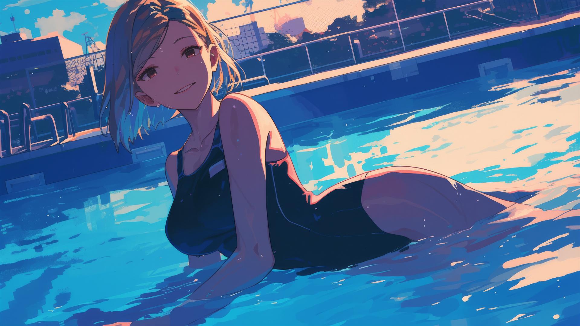 Nobara Kugisaki from Jujutsu Kaisen swimming in moonlit pool