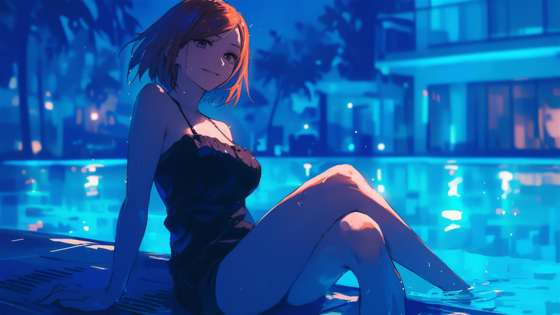 Nobara Kugisaki from Jujutsu Kaisen relaxing by the pool under moonlight