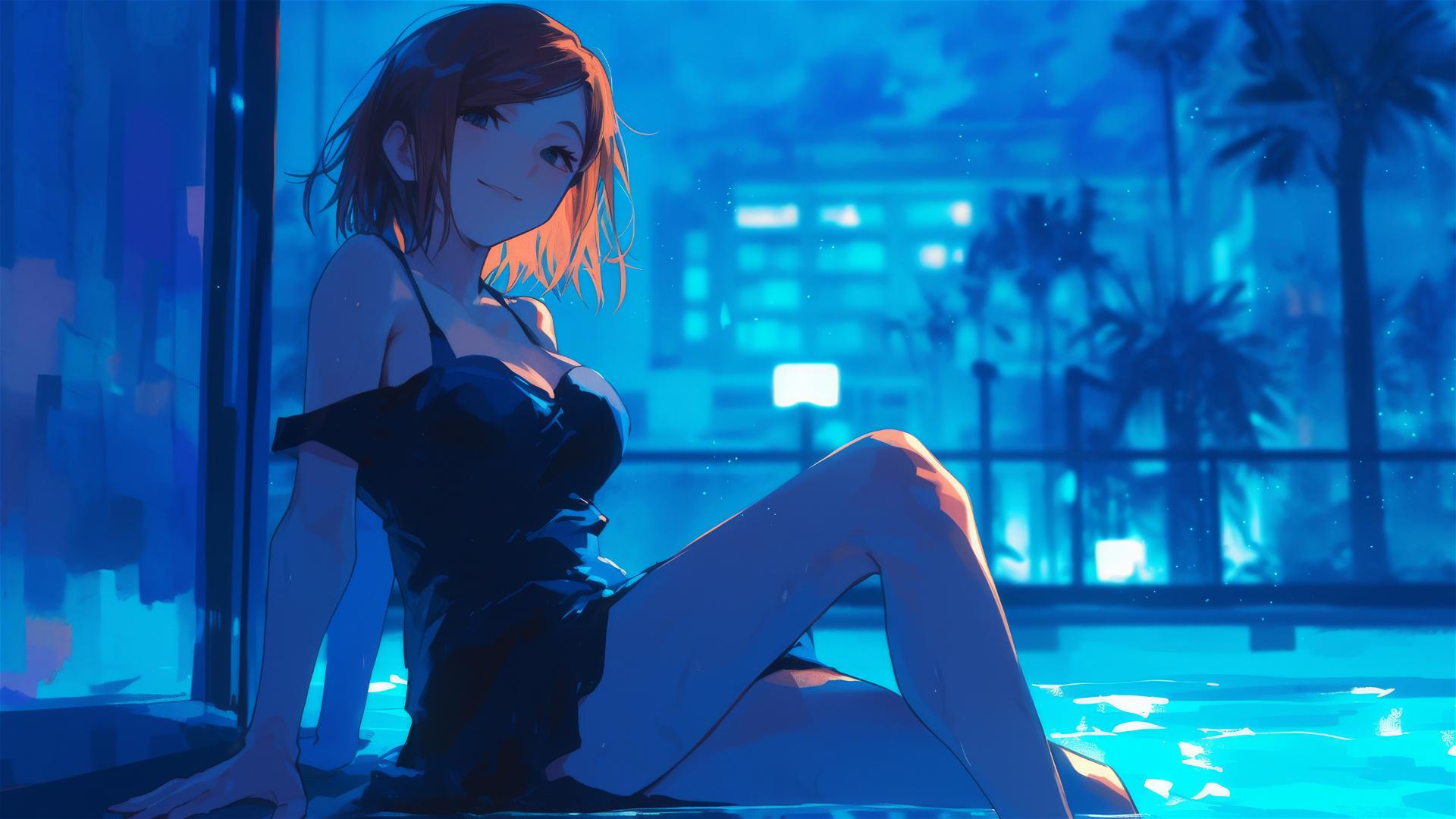 Nobara Kugisaki from Jujutsu Kaisen resting by pool in moonlight