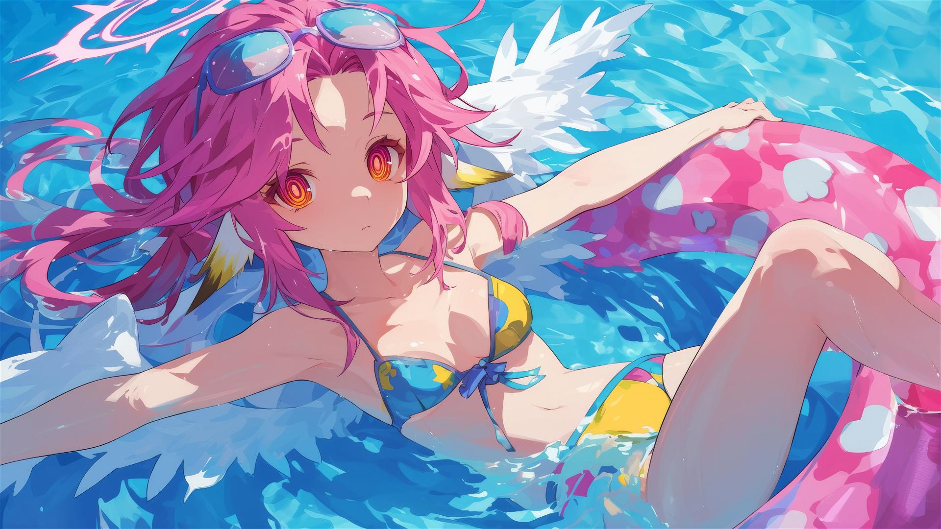 Jibril from No Game No Life swimming in moonlit pool