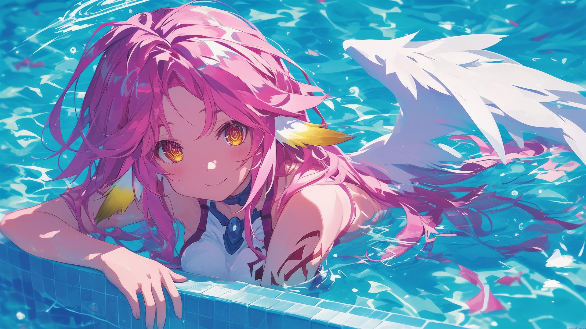 Jibril from No Game No Life swimming in moonlit pool