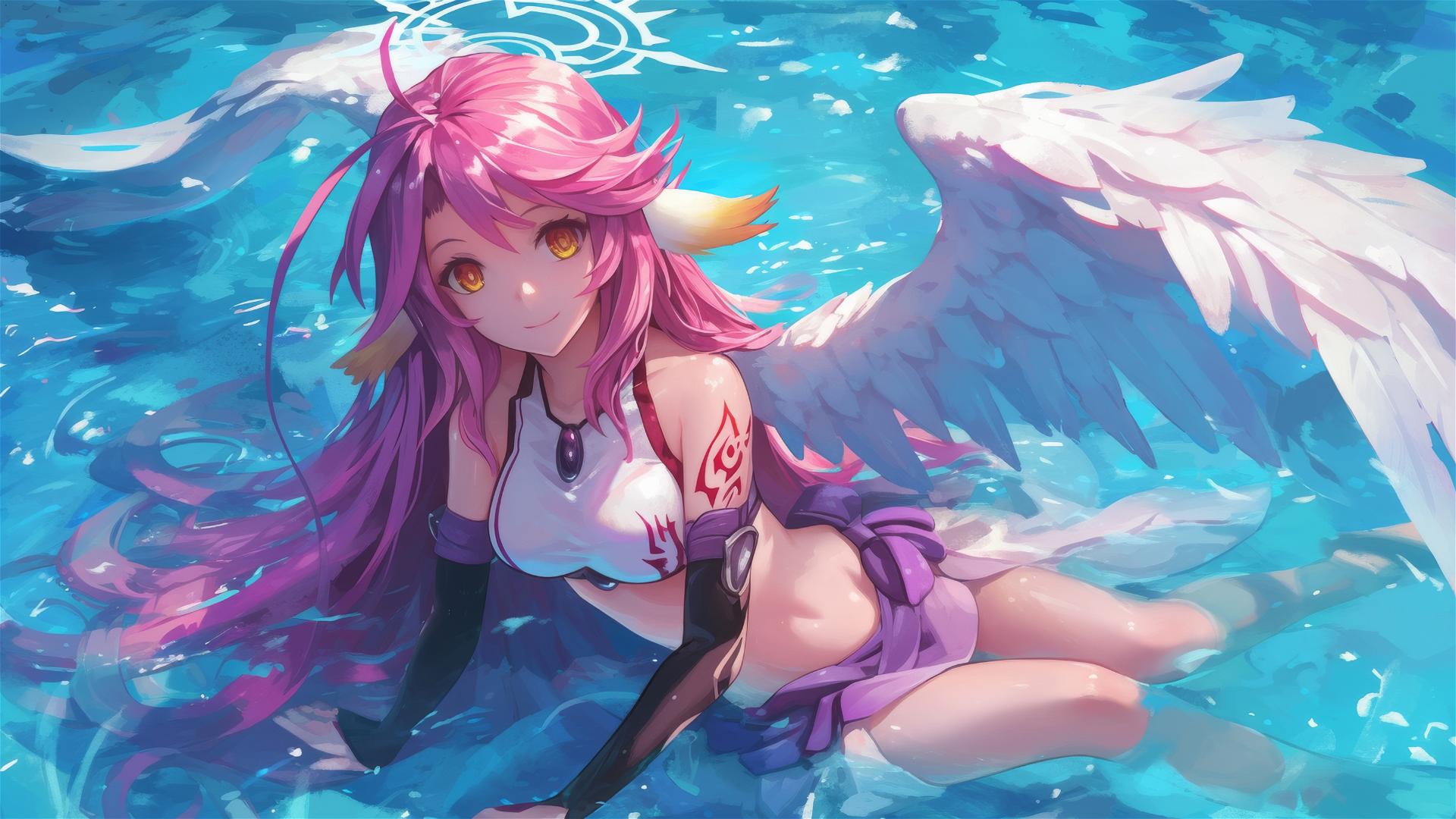 Jibril from No Game No Life swimming in moonlit pool