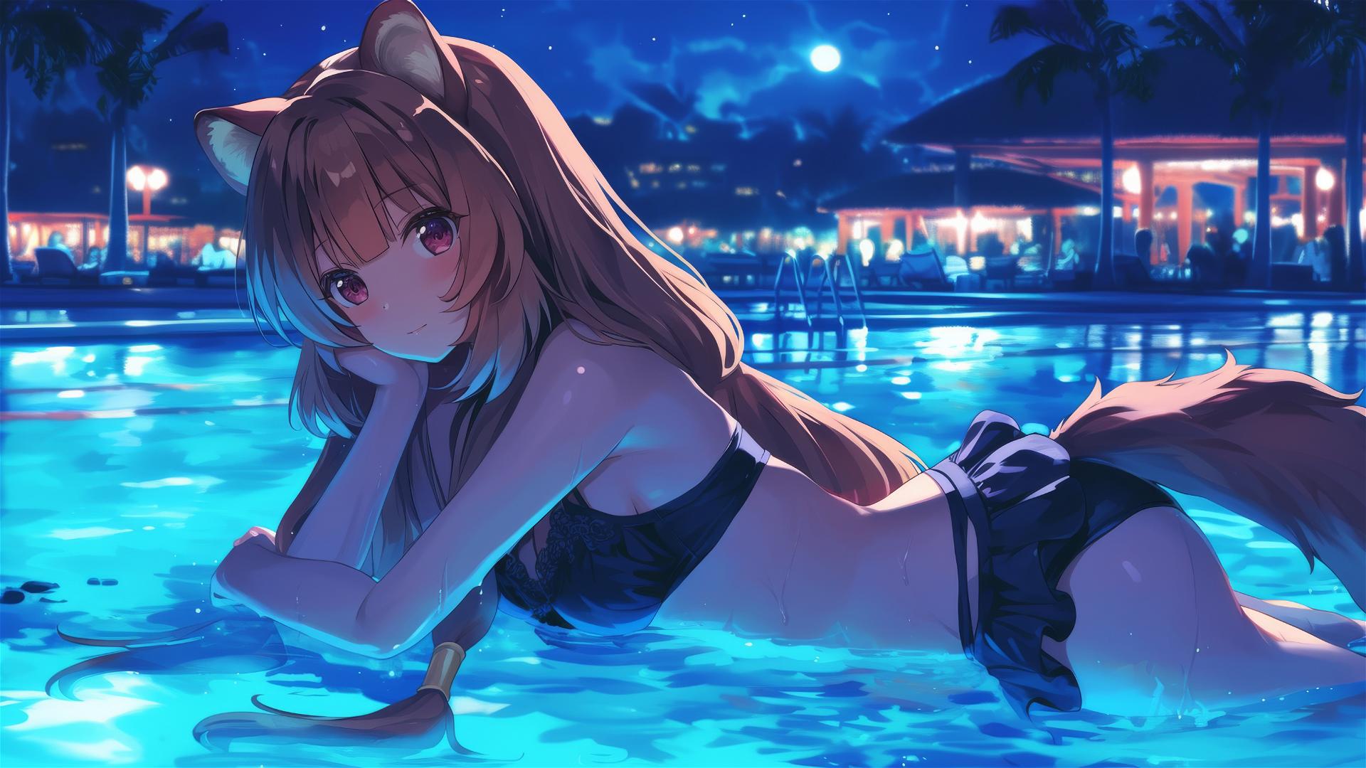 Raphtalia swimming in pool under moonlight