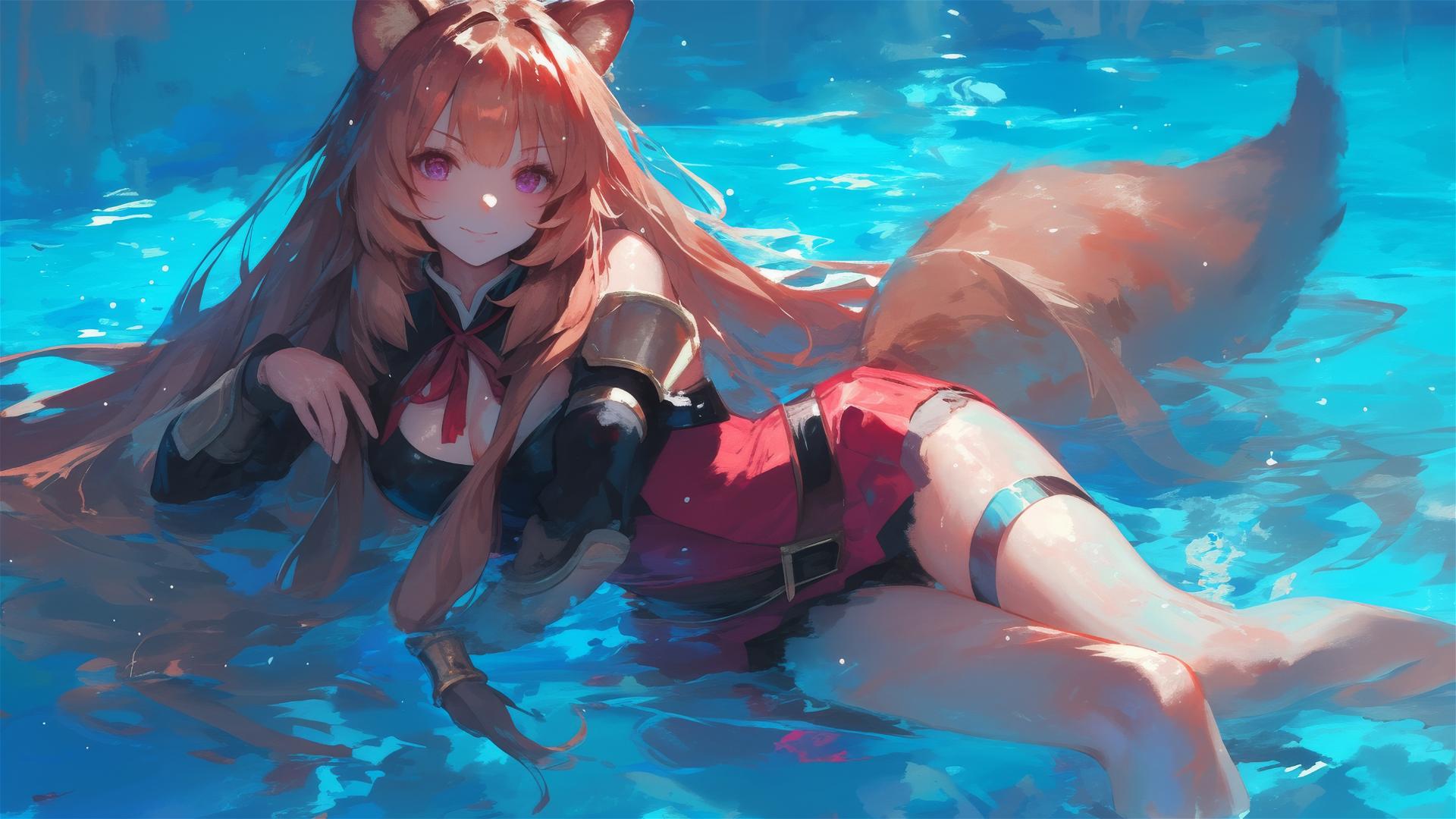 Raphtalia swimming in moonlit pool