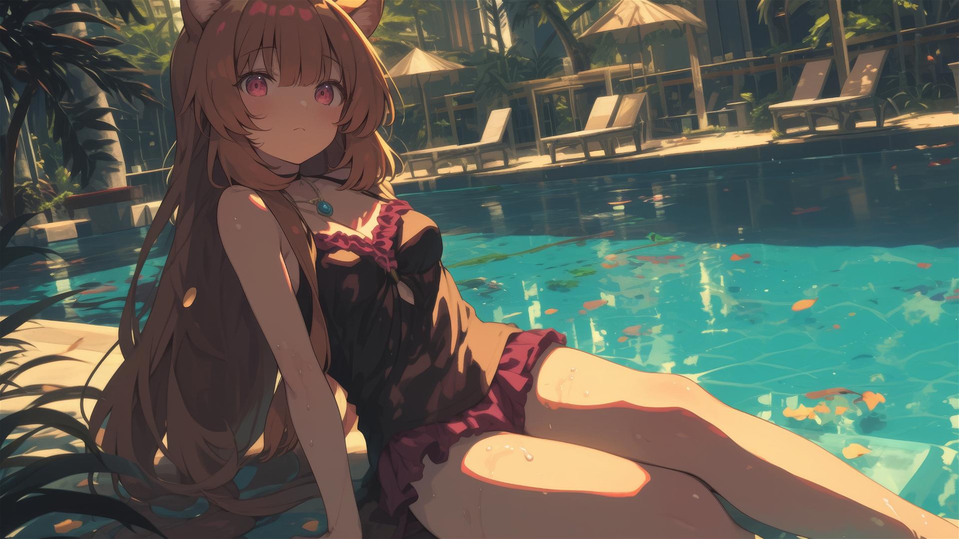Raphtalia swims in a pool under moonlight