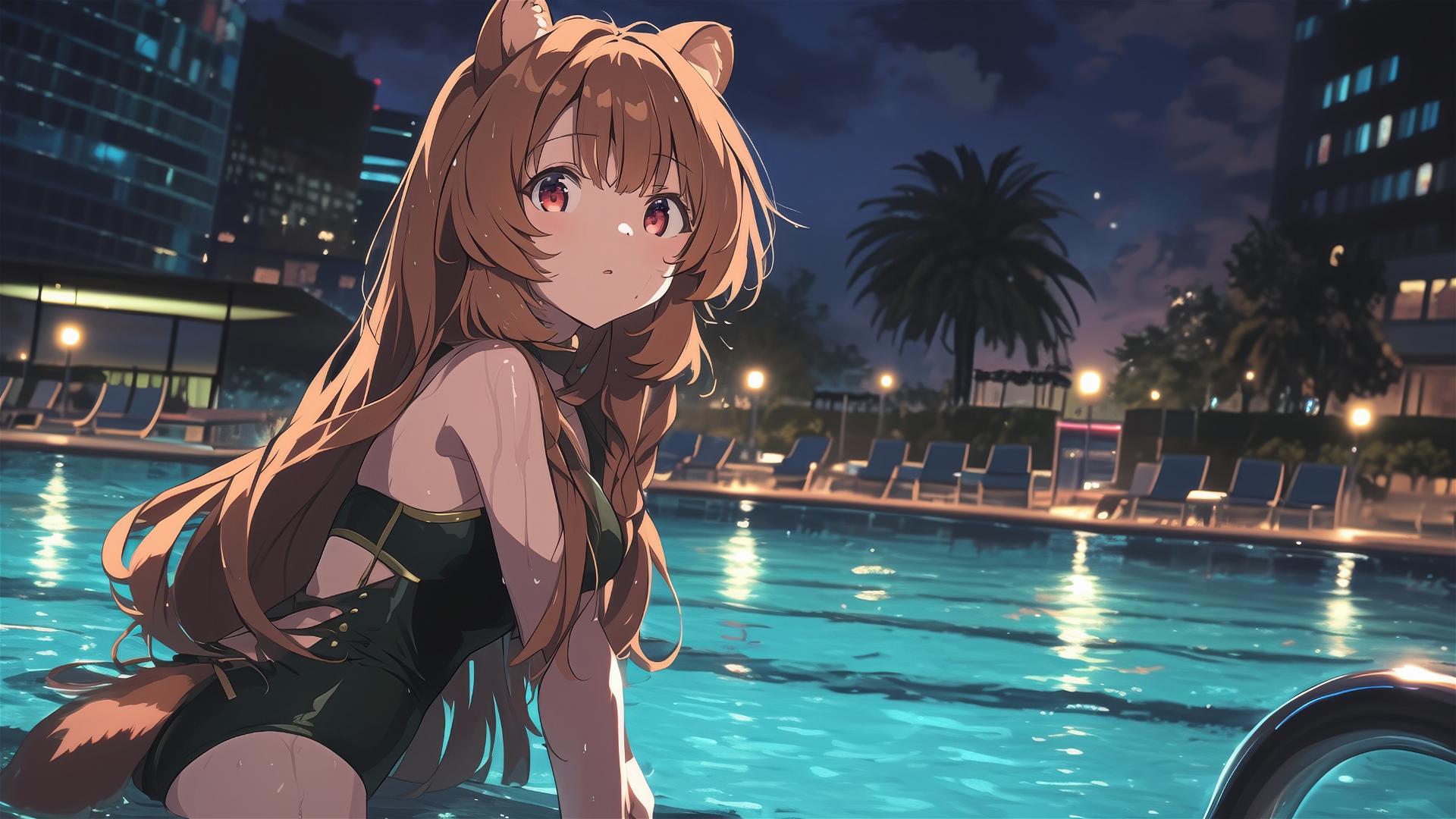 Raphtalia from The Rising of the Shield Hero standing in a pool under moonlight