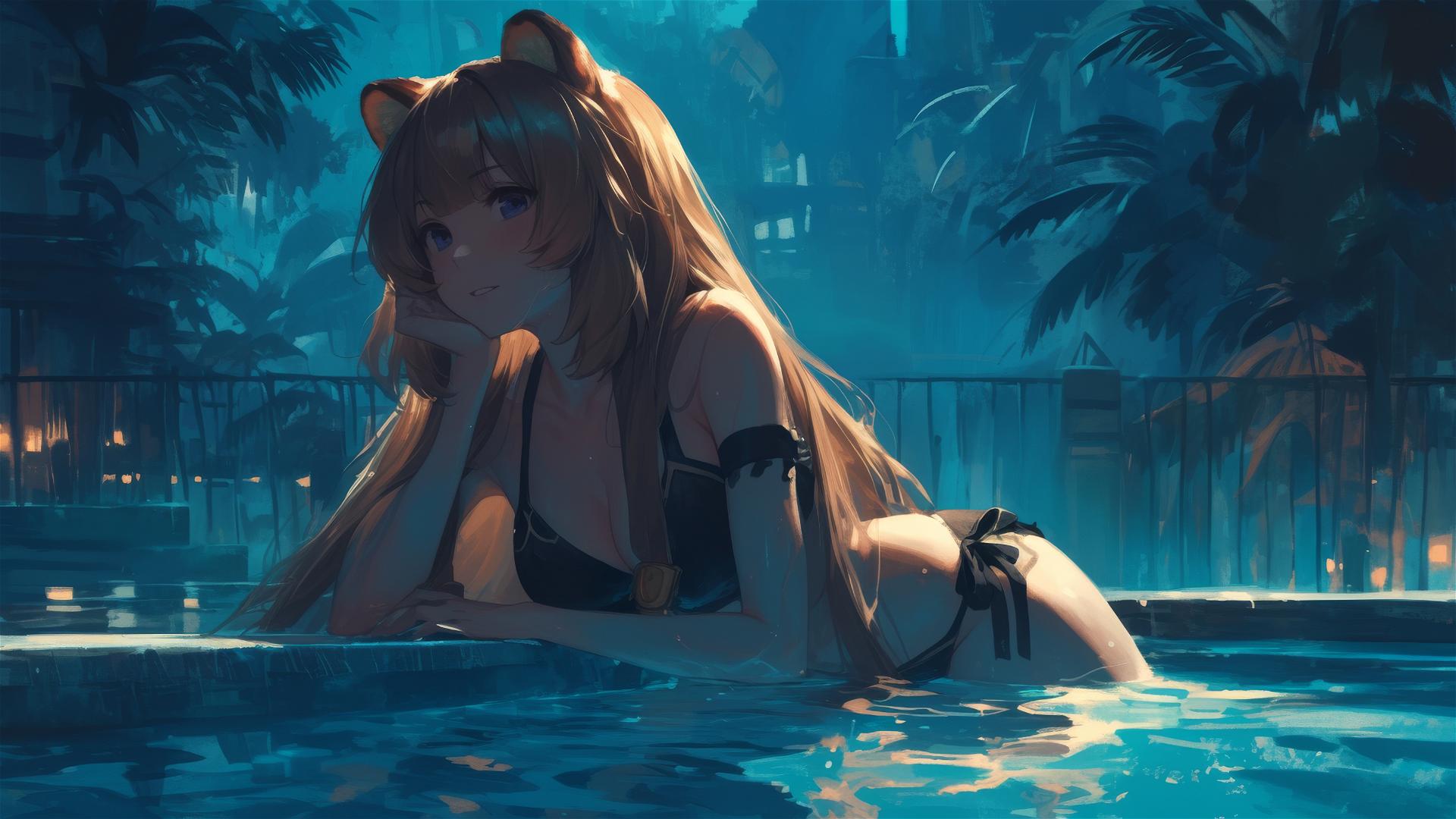 Raphtalia by the poolside under moonlight