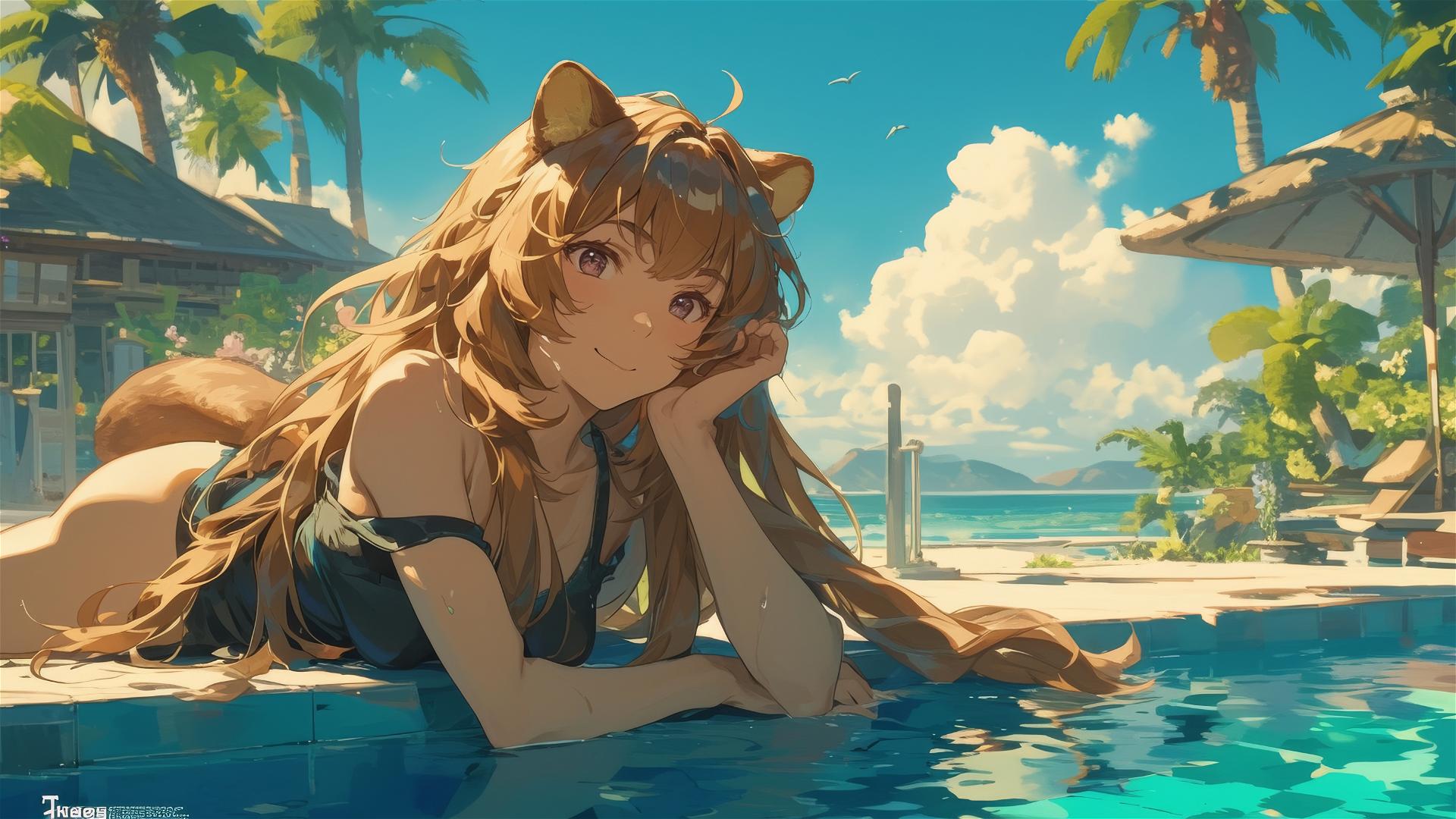 Raphtalia resting by pool under moonlight