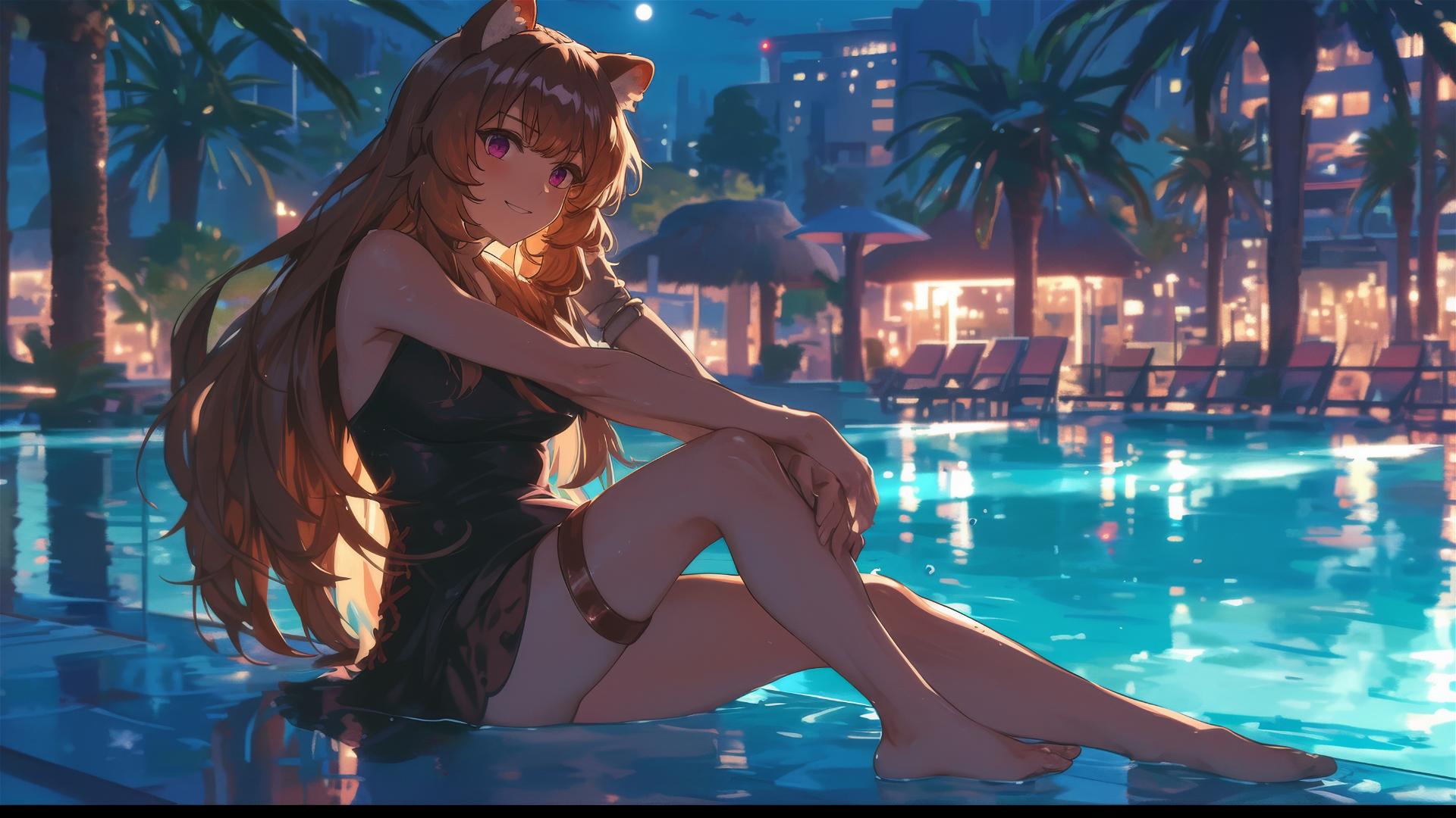 Raphtalia resting by pool under moonlight