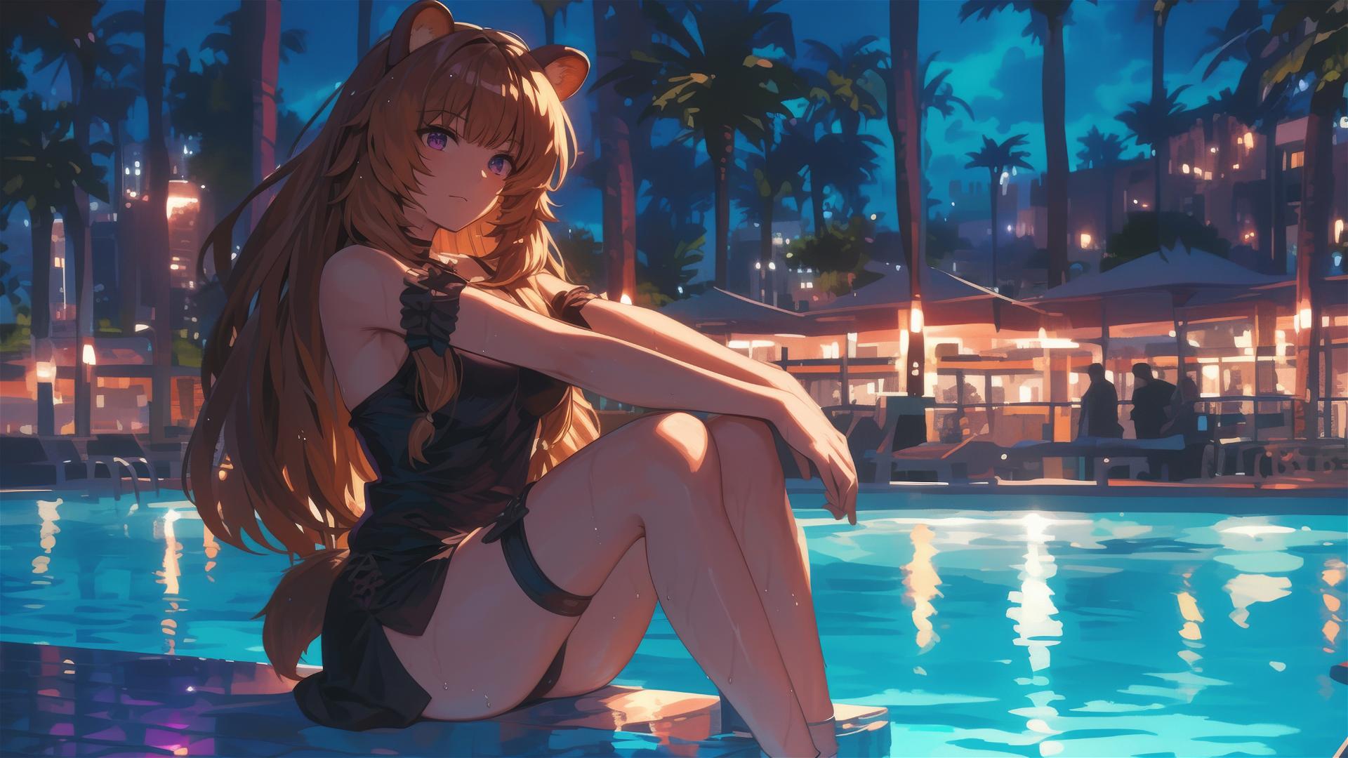 Raphtalia relaxing by pool under moonlight