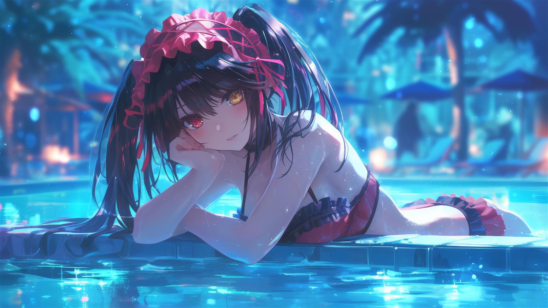 Kurumi Tokisaki from Date A Live resting by a pool under moonlight