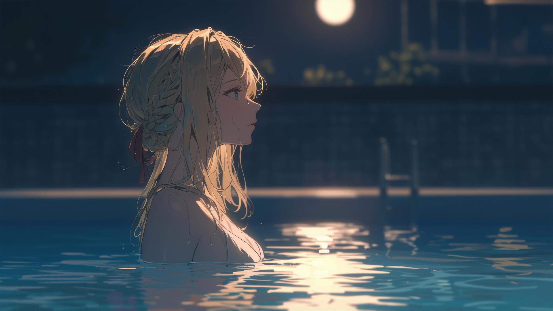 Violet Evergarden standing in pool under moonlight