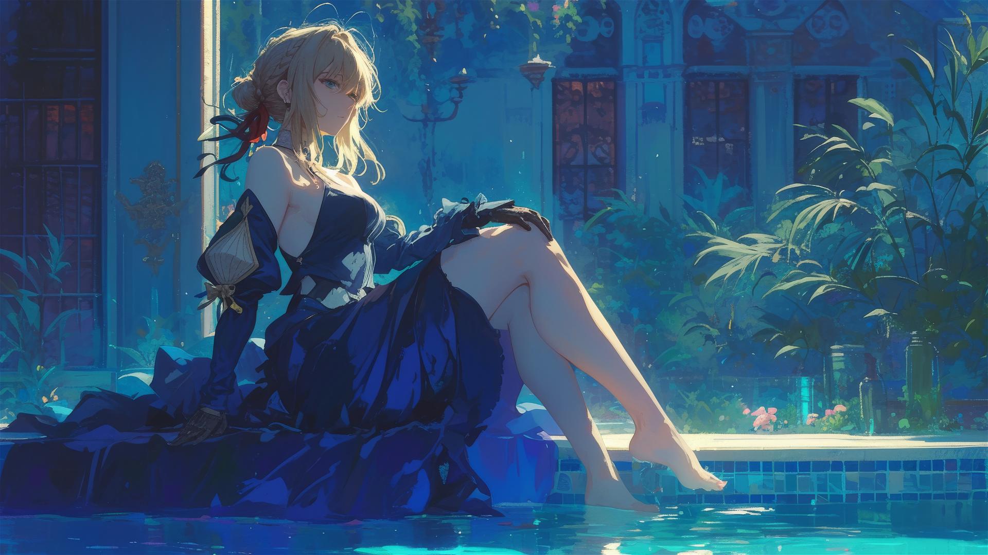 Violet Evergarden resting by pool with moonlight glow