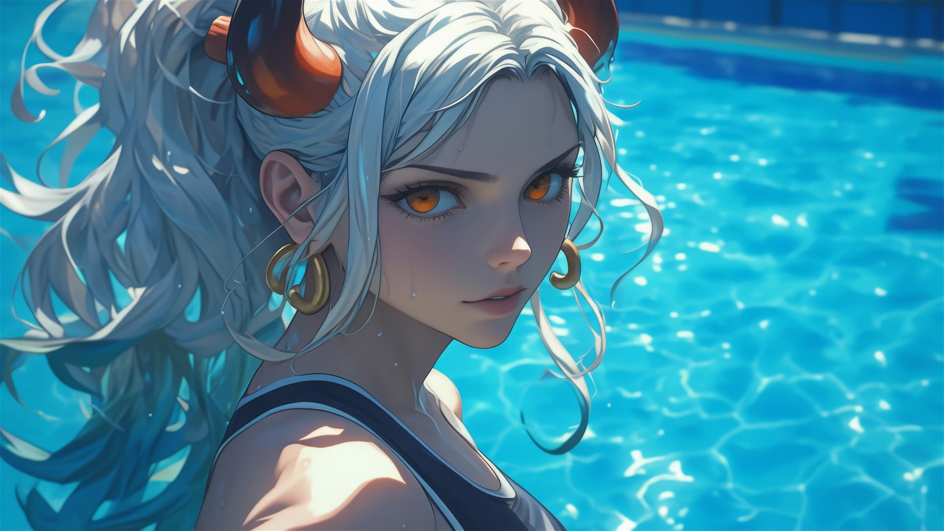 One Piece's Yamato standing in pool under moonlight with orange eyes