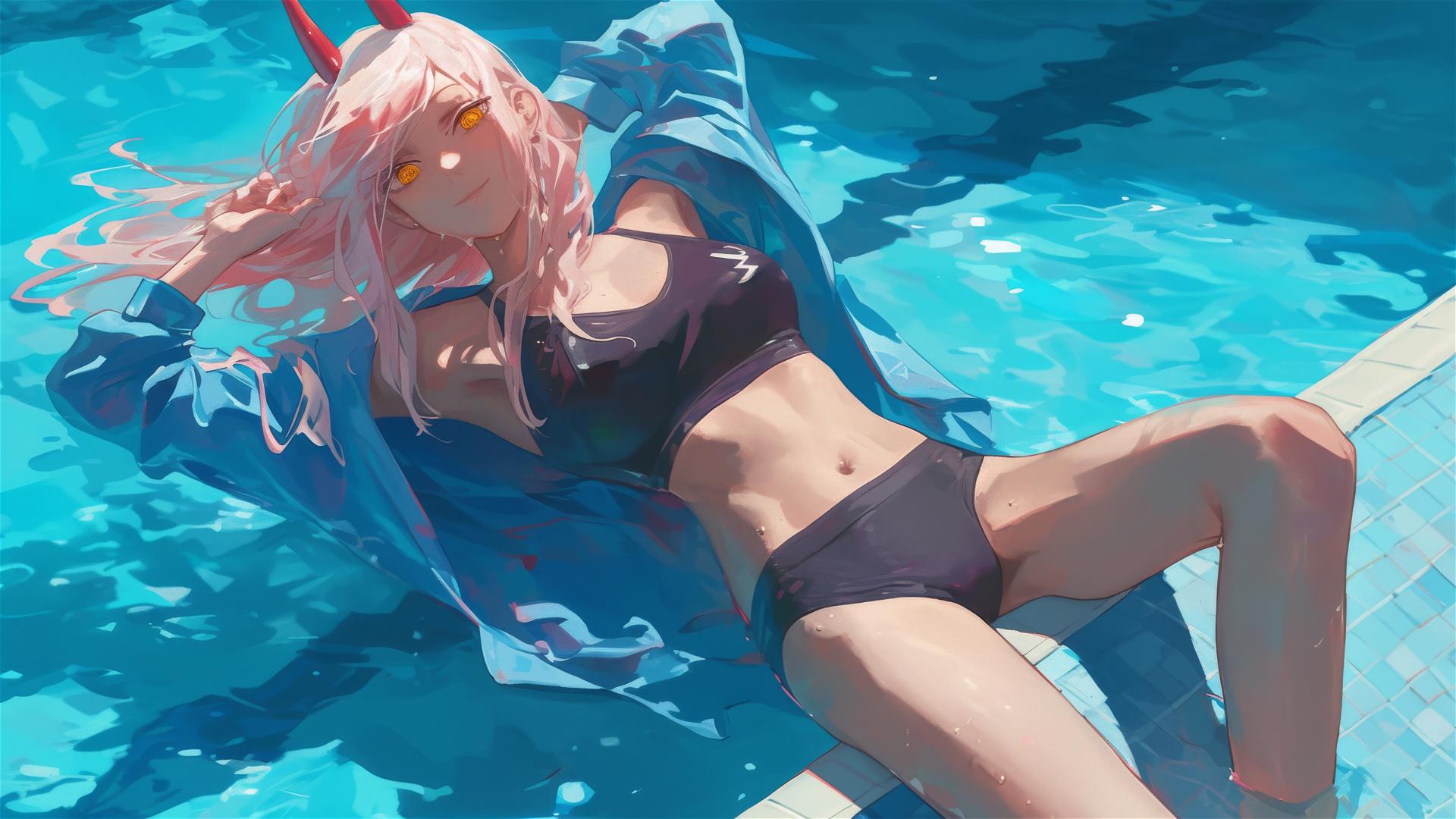 Power from Chainsaw Man swimming in pool under moonlight, yellow eyes shining.