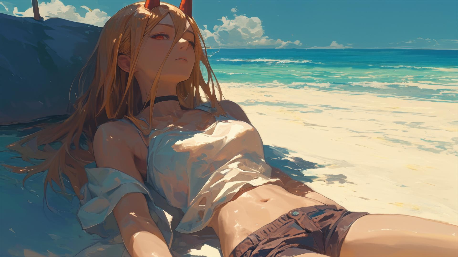 Power, character from Chainsaw Man, relaxing on a sunny beach.