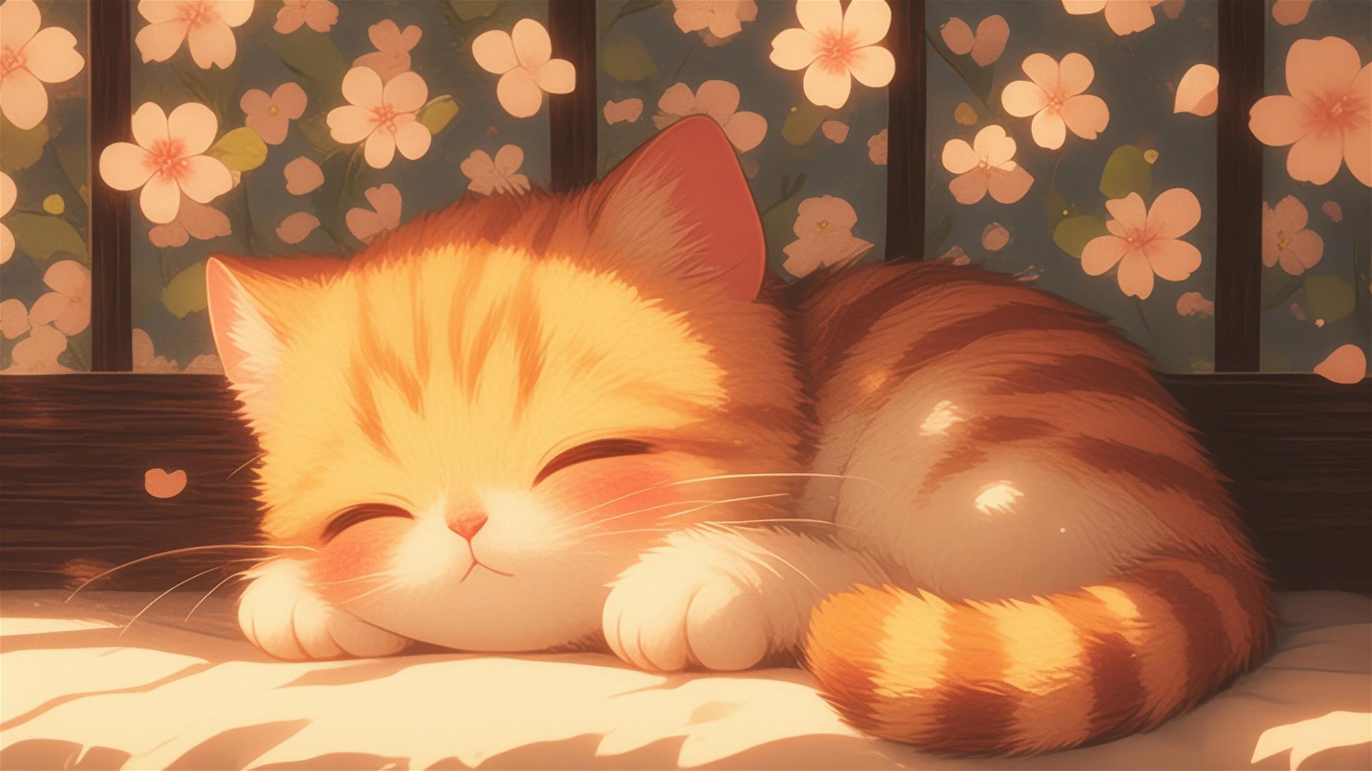 A British Shorthair cat asleep among colorful flowers in a Japanese animation style