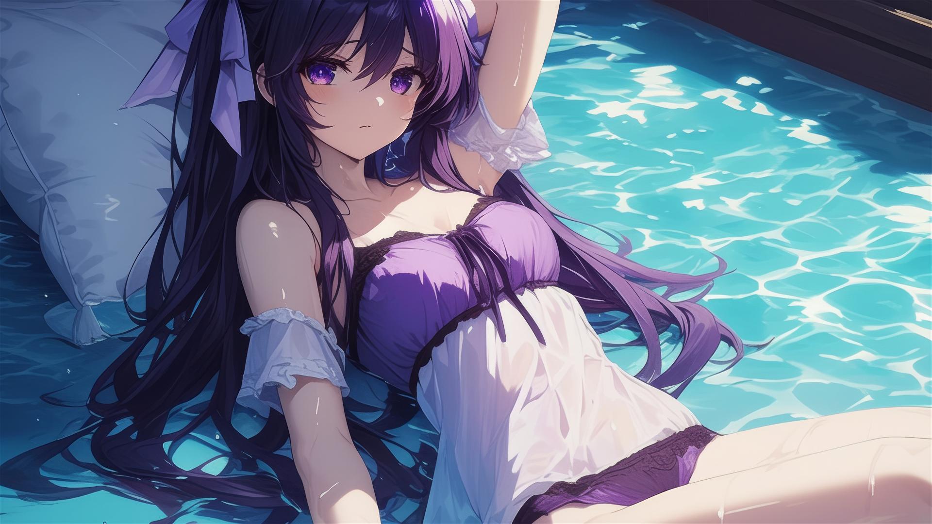 Tohka Yatogami from Date A Live swimming in moonlit pool