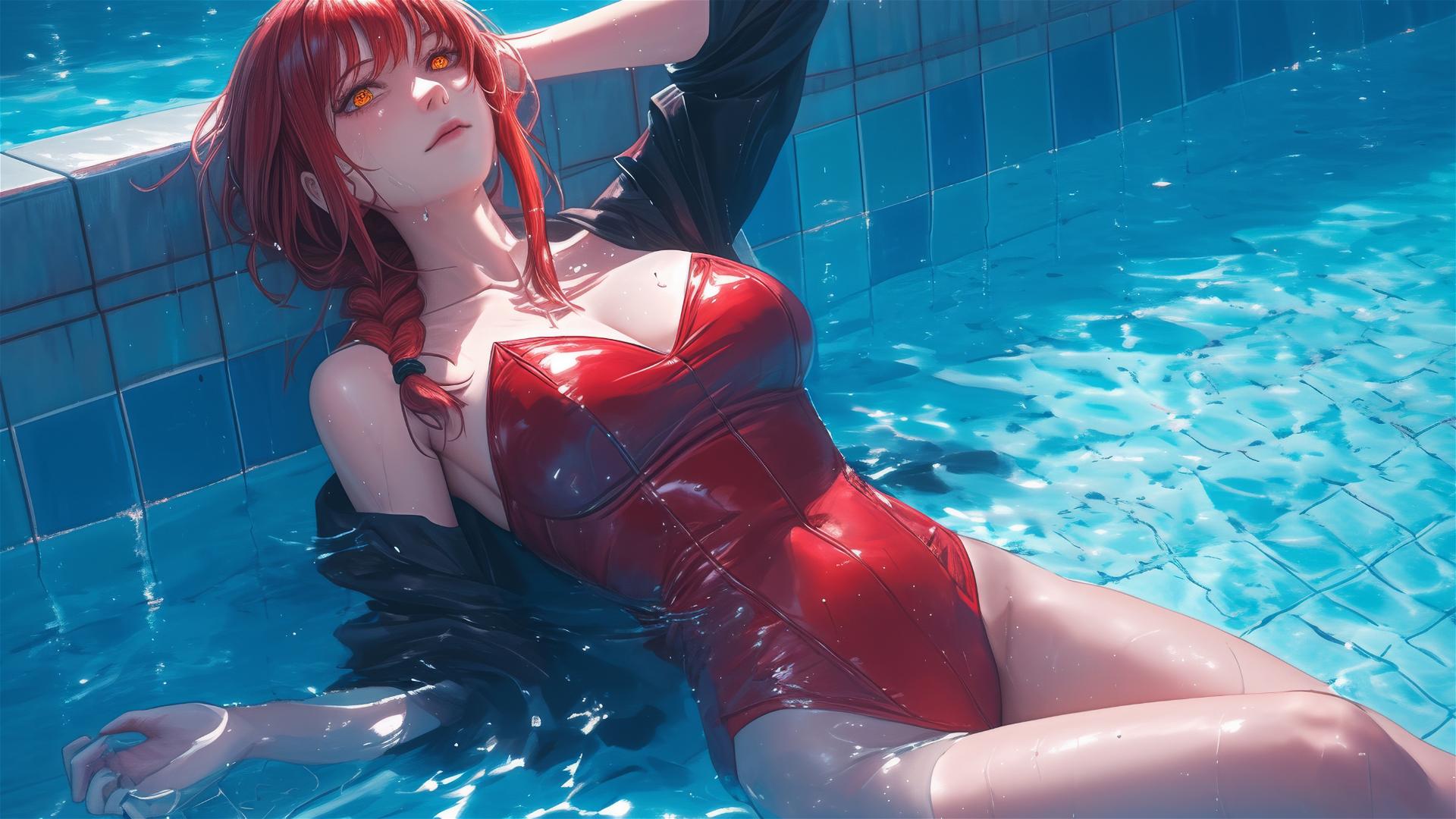 Makima from Chainsaw Man swimming in moonlit pool, red hair, rainy day, bunny style