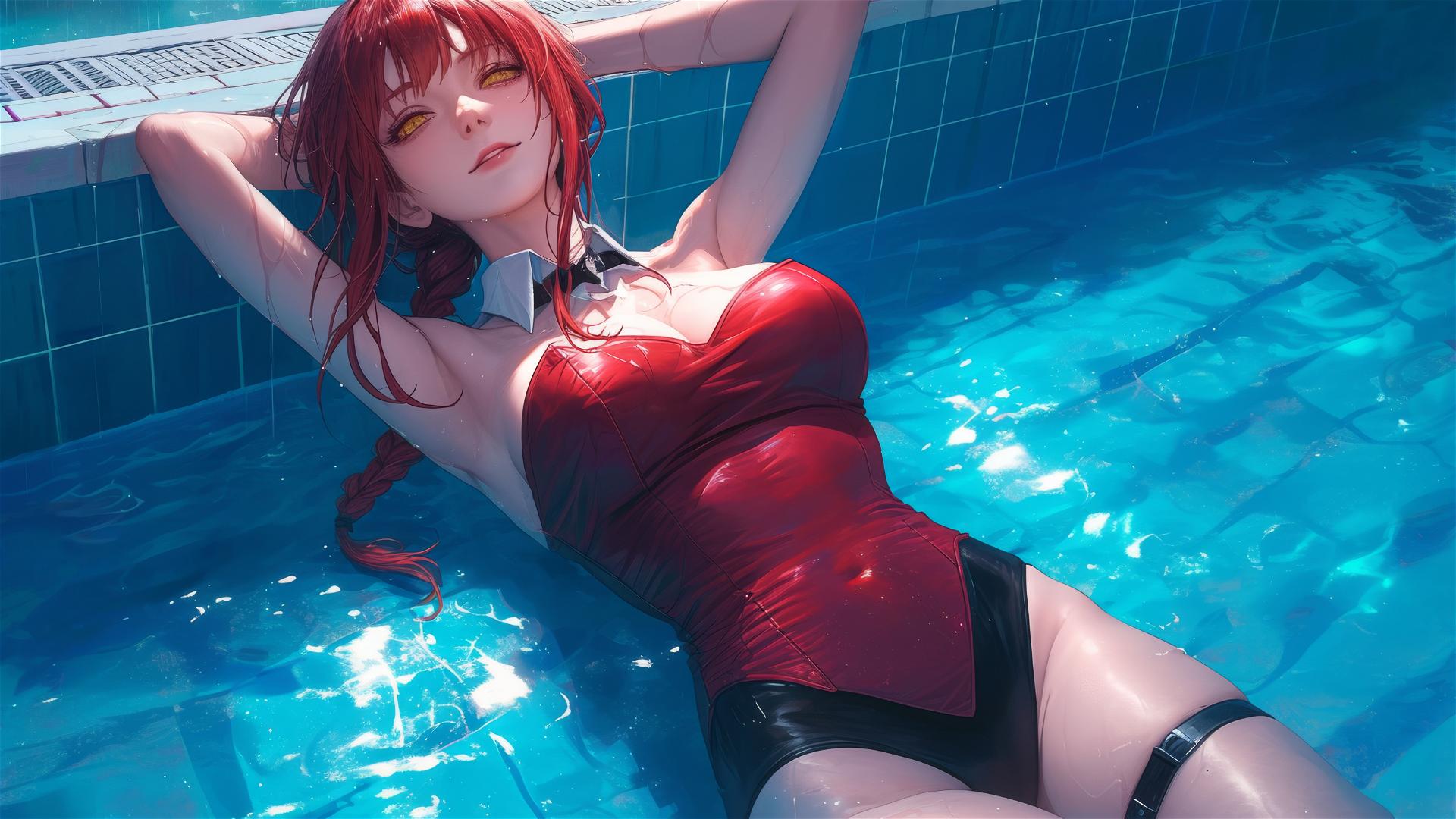 Makima from Chainsaw Man swims in moonlit pool, red hair aglow, bunny style on rainy day