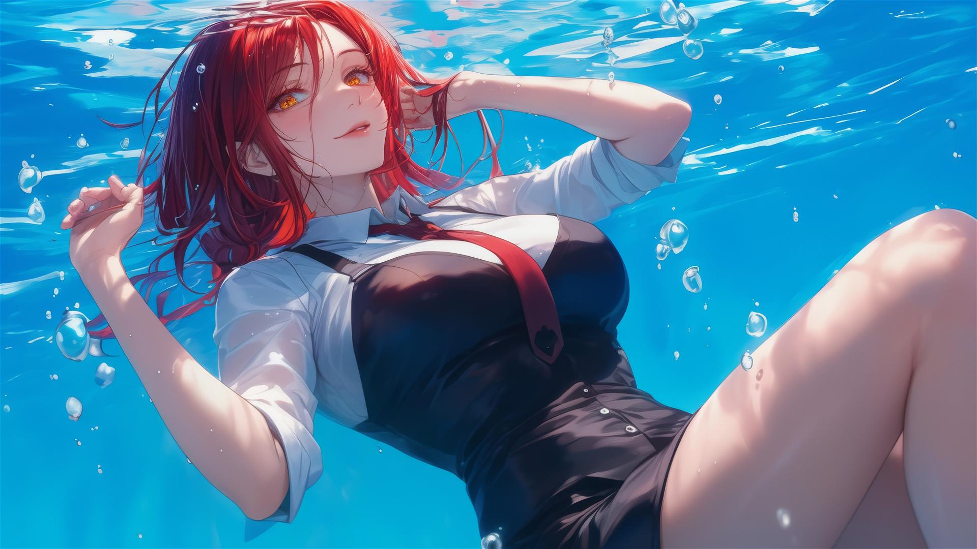 Makima from Chainsaw Man swimming under moonlight, red hair, bunny girl style in rain