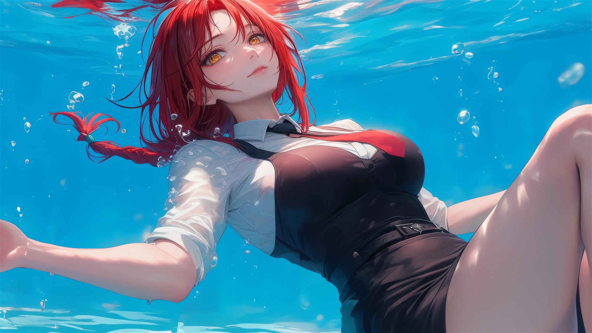 Makima Chainsaw Man swimming moonlight glow red hair rainy day bunny style