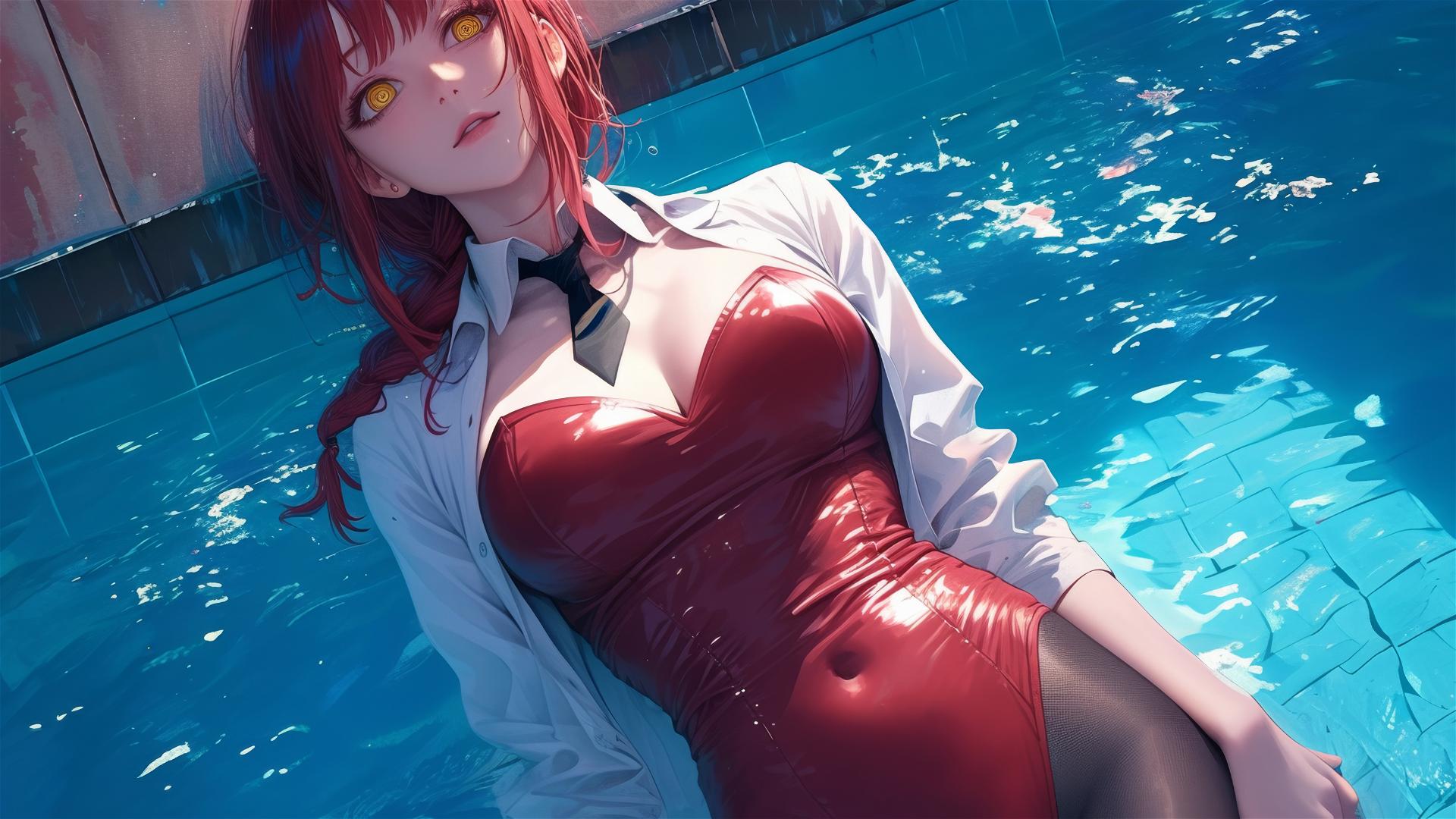 Makima from Chainsaw Man swimming in a pool at night, moonlit with red hair in bunny girl style on a rainy day