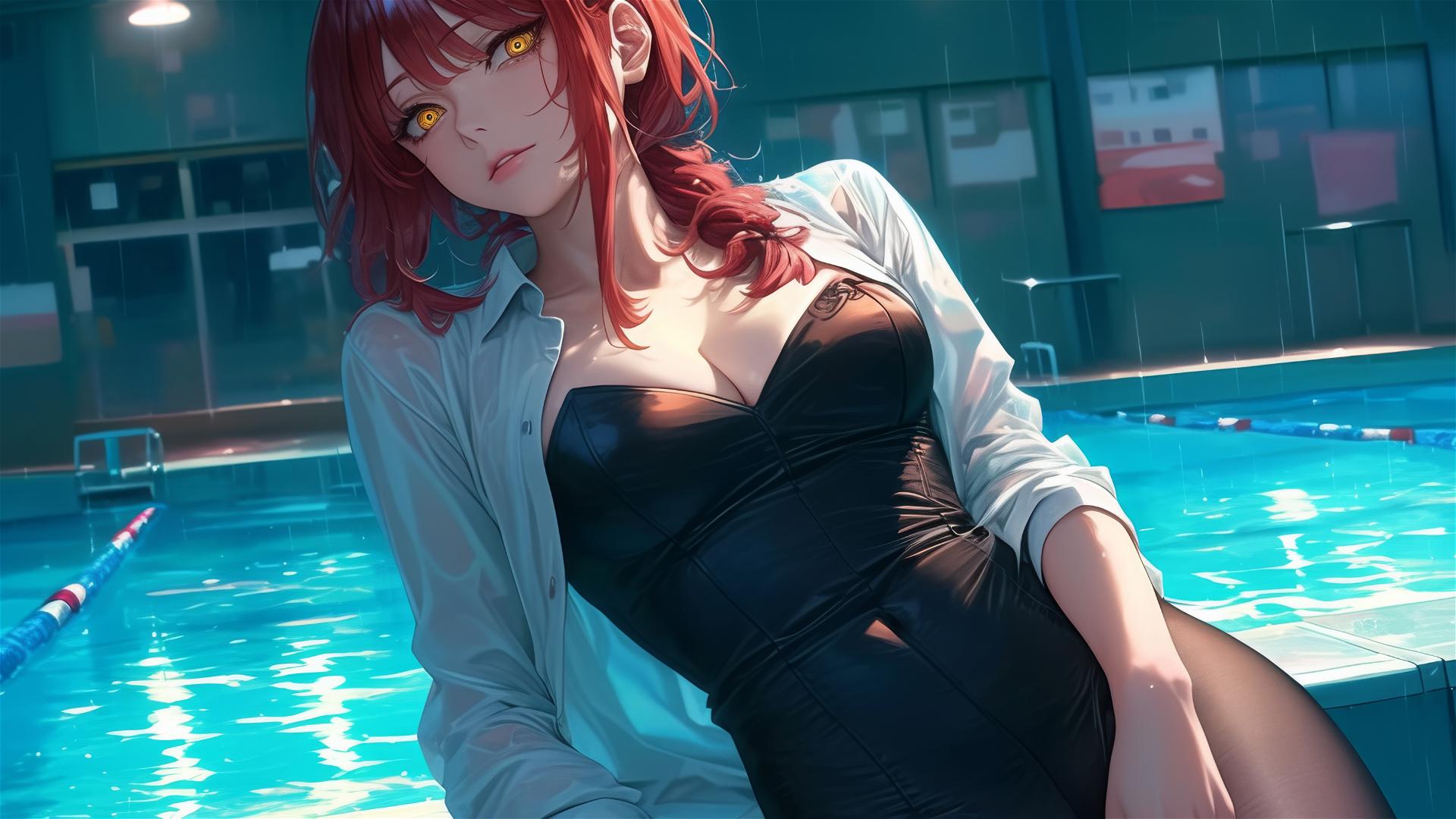 Makima from Chainsaw Man resting by pool under moonlight, red hair, rainy, bunny girl style