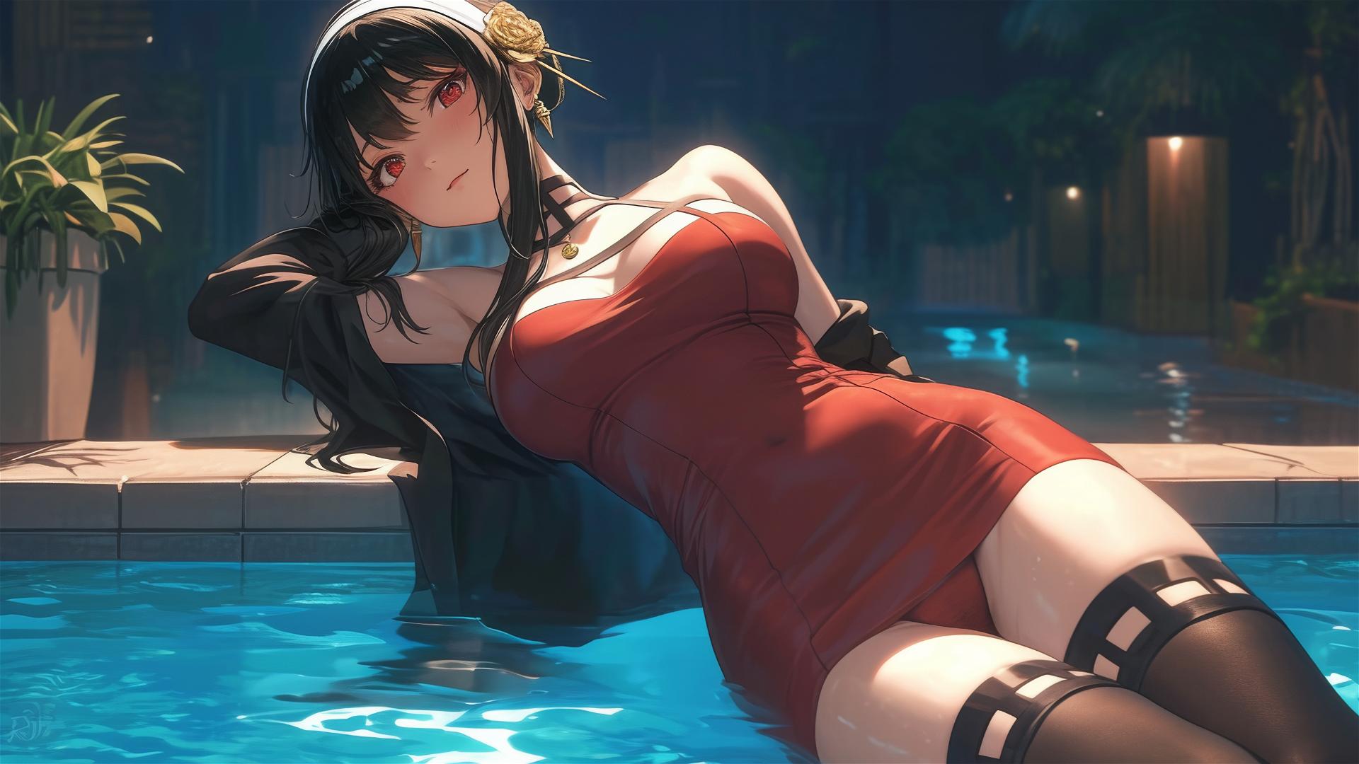 Yor Forger in bunny outfit swimming under moonlight