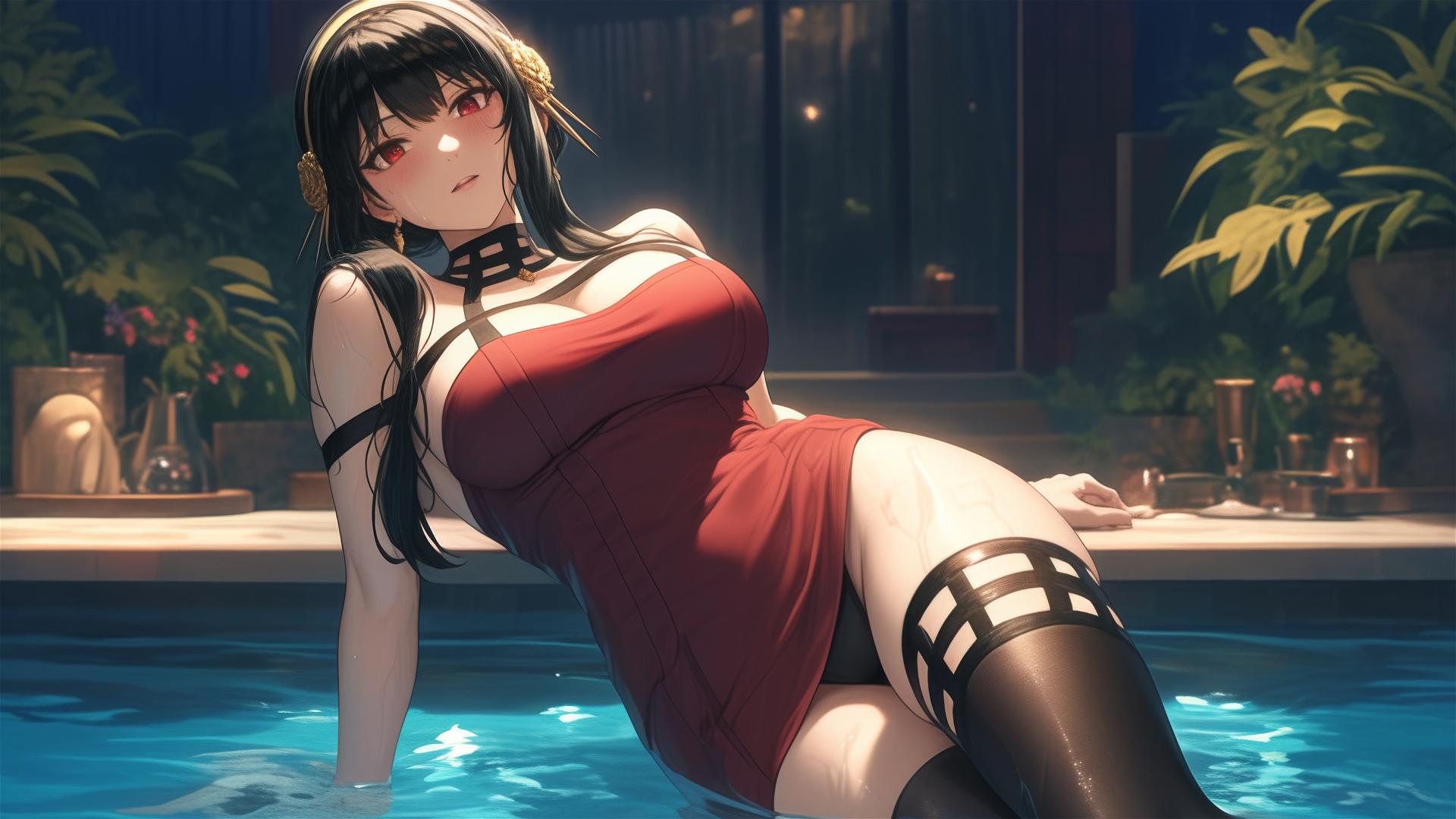 Yor Forger as a bunny girl swimming in a moonlit pool