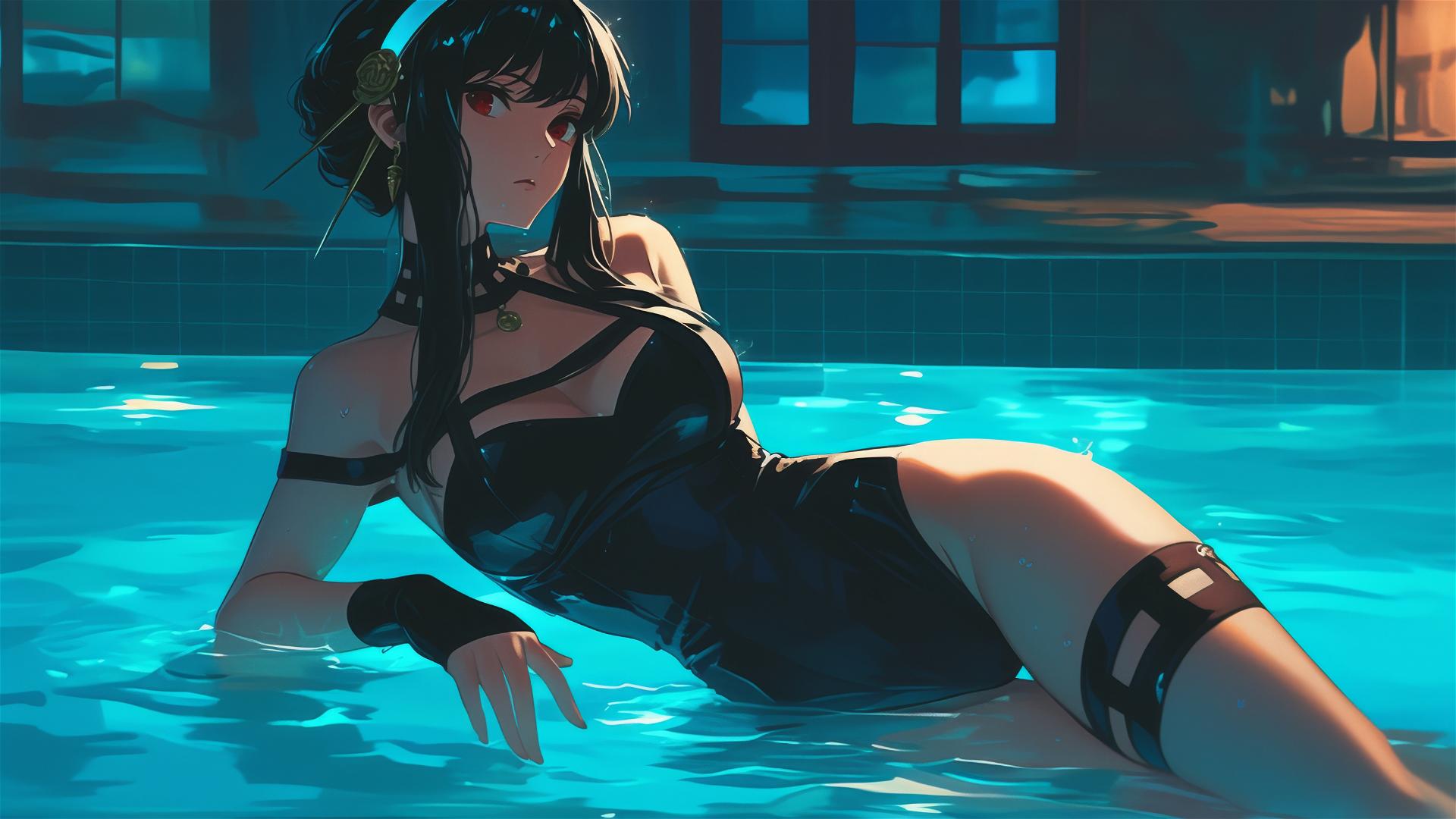 Yor Forger from Spy x Family in bunny girl style swimming in moonlit pool