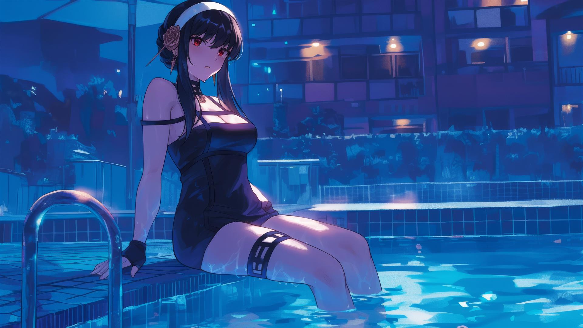 Yor Forger in bunny girl style standing in a pool under moonlight