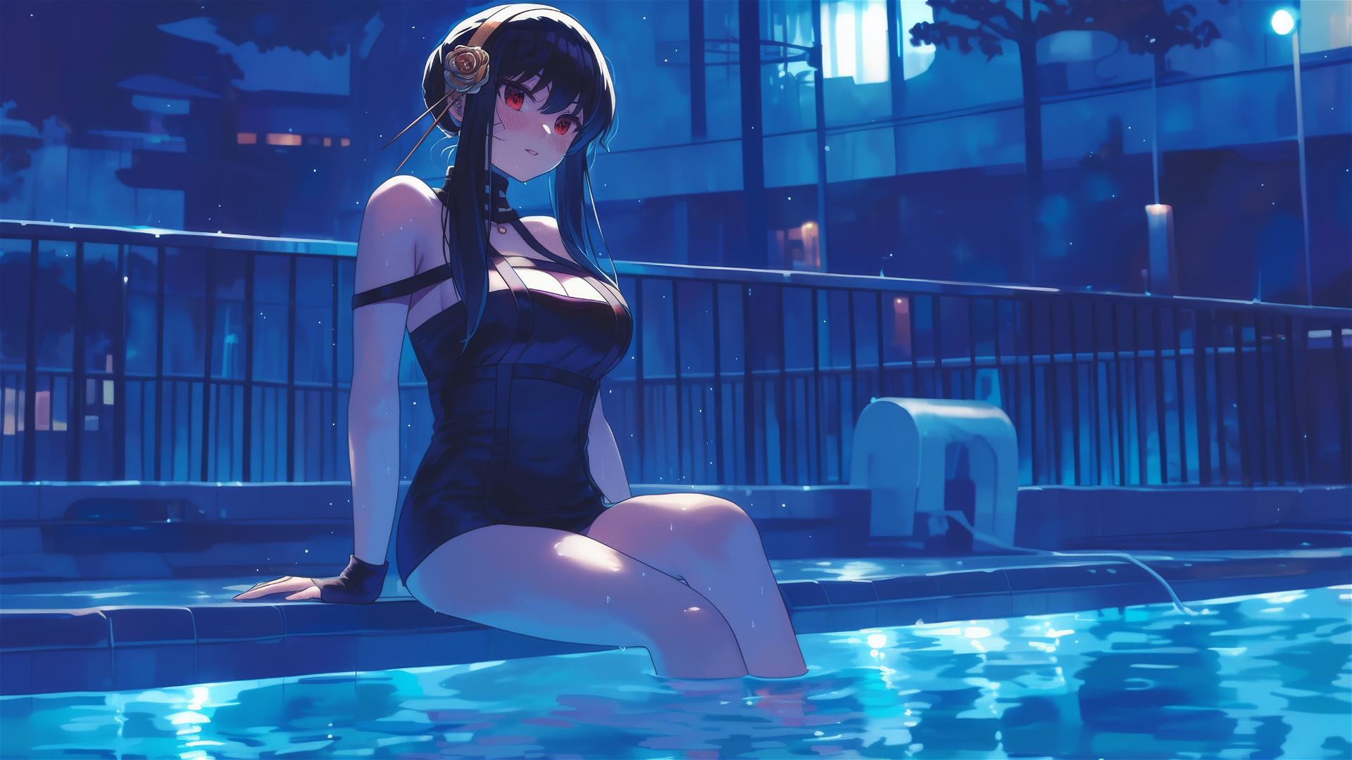 Yor Forger in a bunny outfit by moonlit pool from Spy x Family