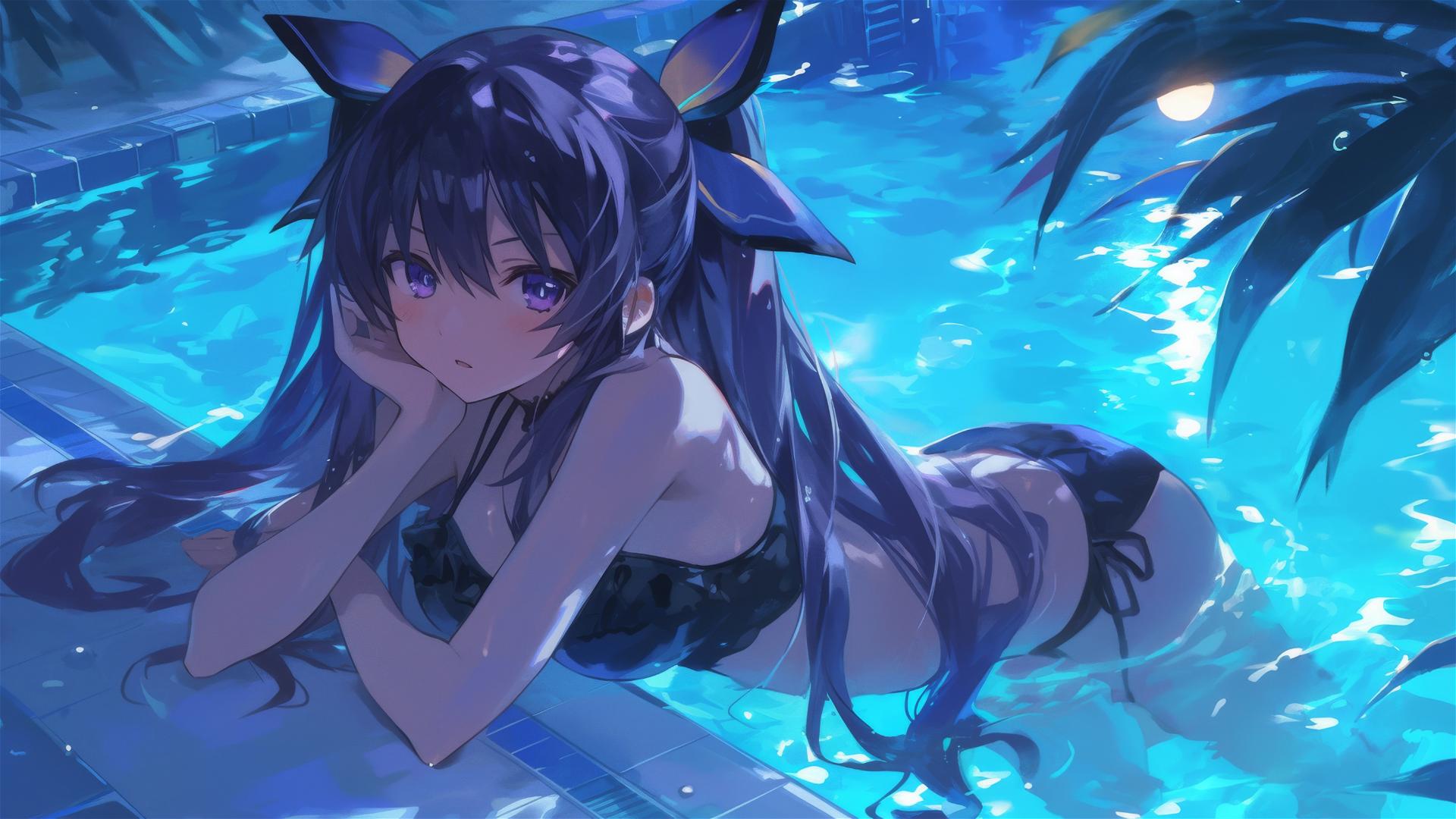Tohka Yatogami from Date A Live resting by pool under moonlight