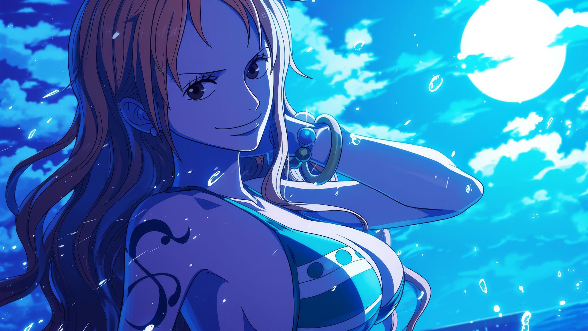 Nami from One Piece stands in a pool under moonlight