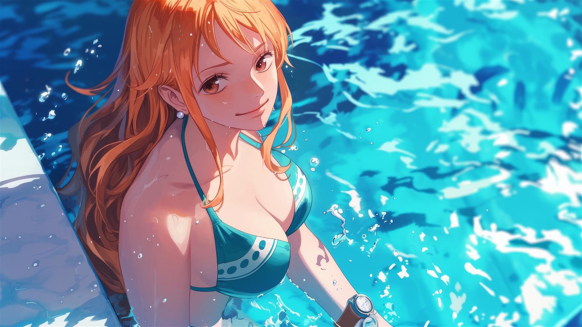 Nami, One Piece character, swimming under moonlight