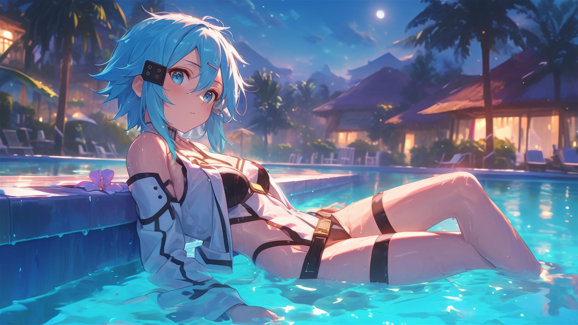 Sinon from Sword Art Online resting by a pool under moonlight