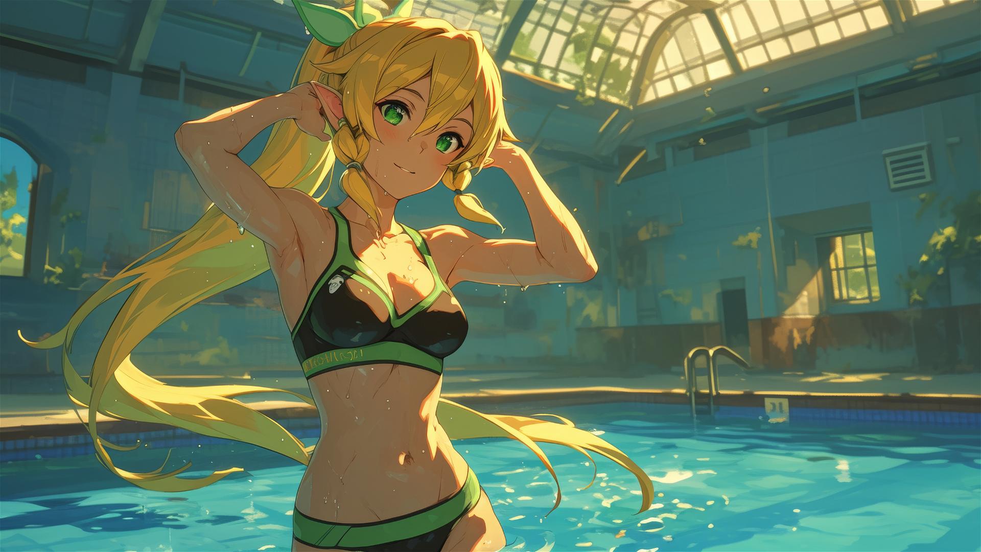 Leafa from SAO standing in a pool under moonlight