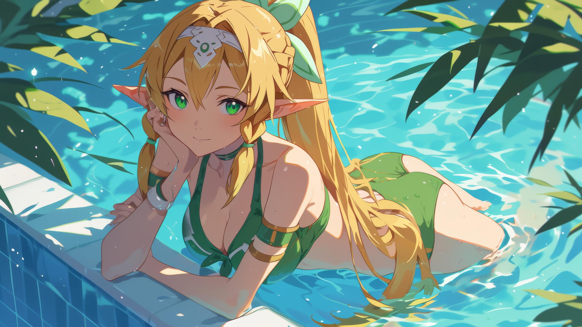 Leafa from Sword Art Online standing in a pool under moonlight