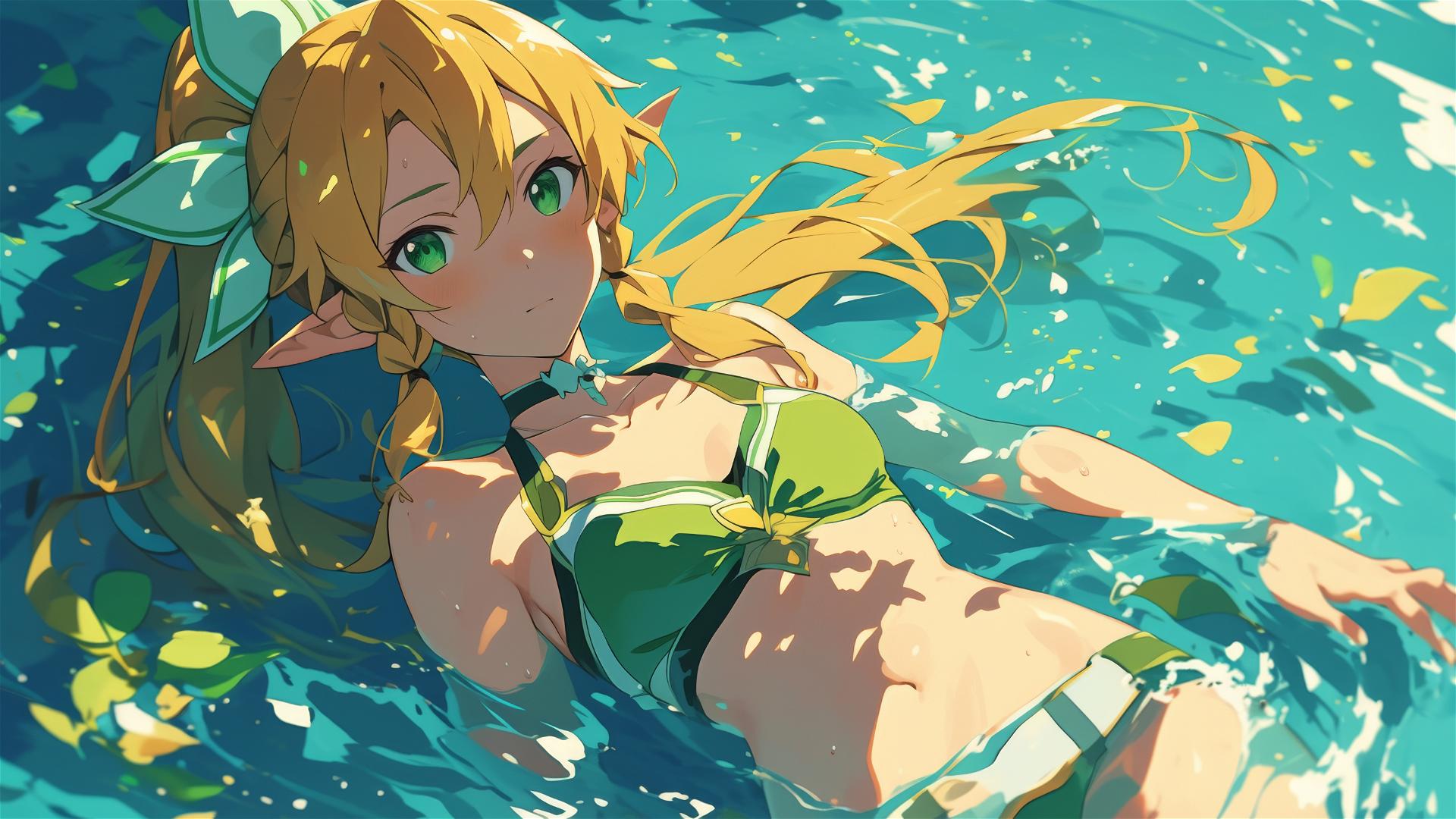 Leafa from Sword Art Online standing in pool under moonlight