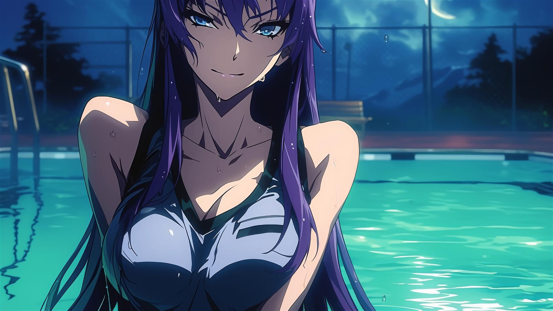 Saeko Busujima from Highschool of the Dead resting in a pool, moonlight on purple hair