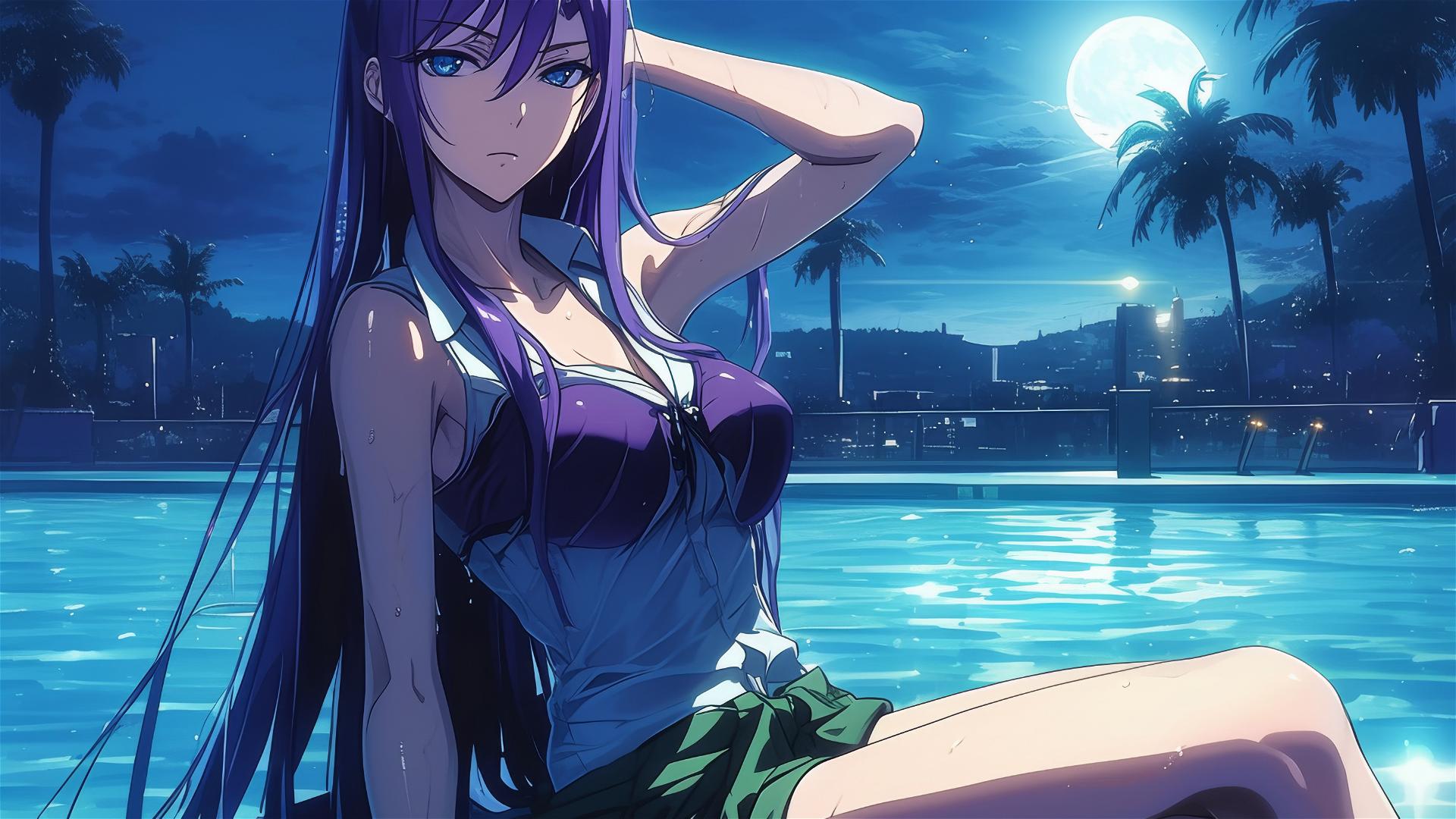 Saeko Busujima from Highschool of the Dead in moonlit pool
