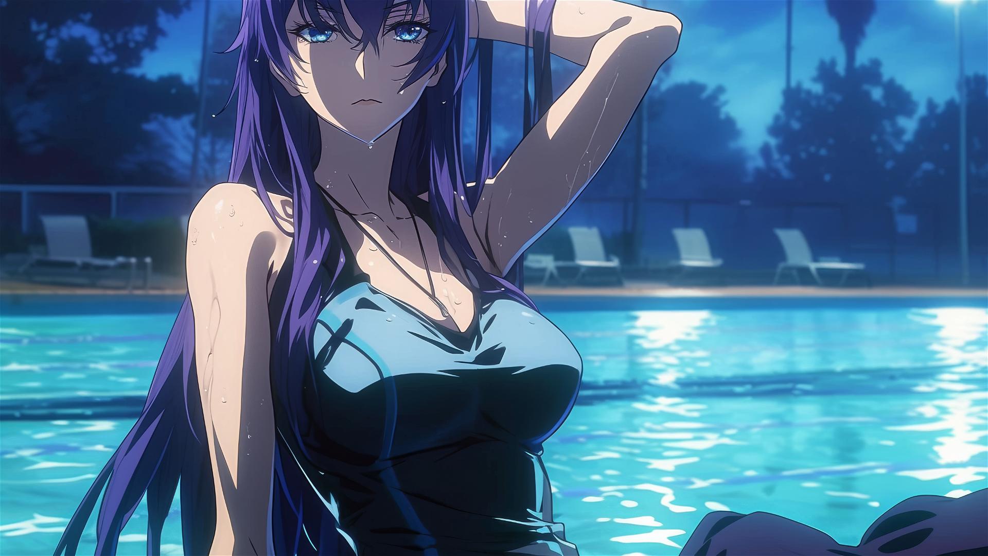 Saeko Busujima relaxing in a pool under moonlight, long purple hair, blue eyes