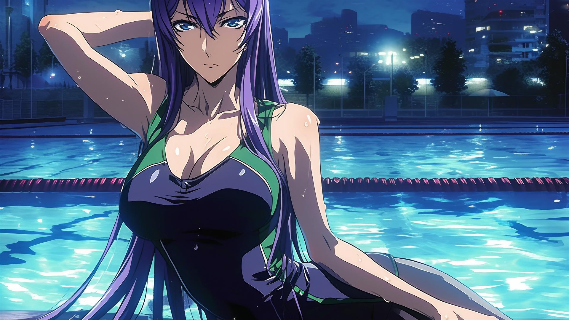 Saeko Busujima from Highschool of the Dead relaxing in a pool under moonlight, long purple hair, blue eyes.
