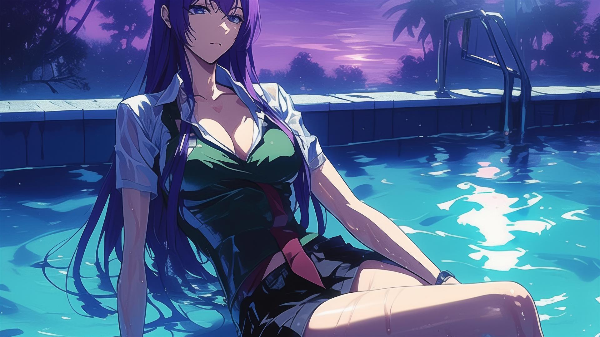 Saeko Busujima resting in pool under moonlight, long purple hair, blue eyes