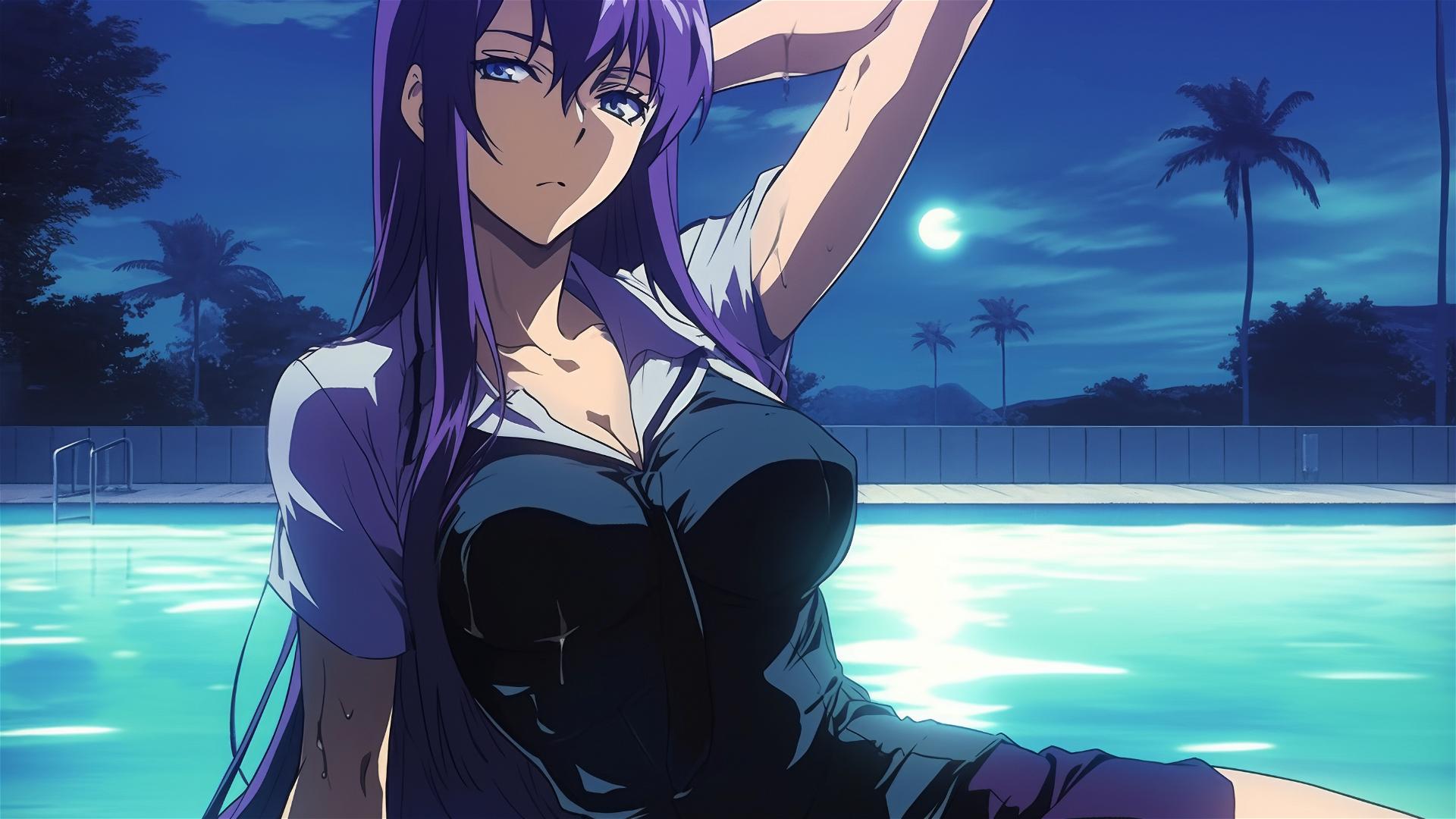 Saeko Busujima from Highschool of the Dead relaxing in a pool under moonlight, with shiny purple hair and blue eyes