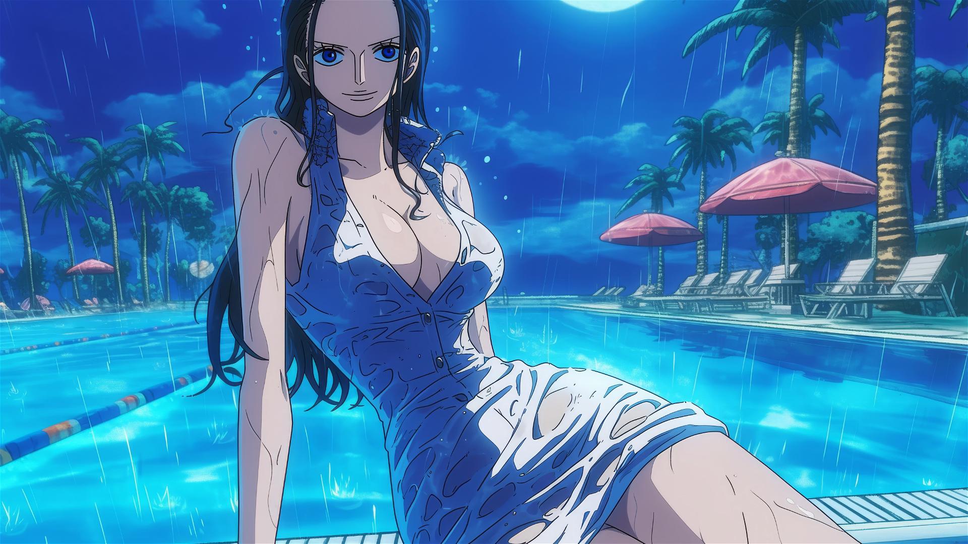 Nico Robin from One Piece by the pool in the rain at night, moonlit, blue eyes, bunny pose, white dress