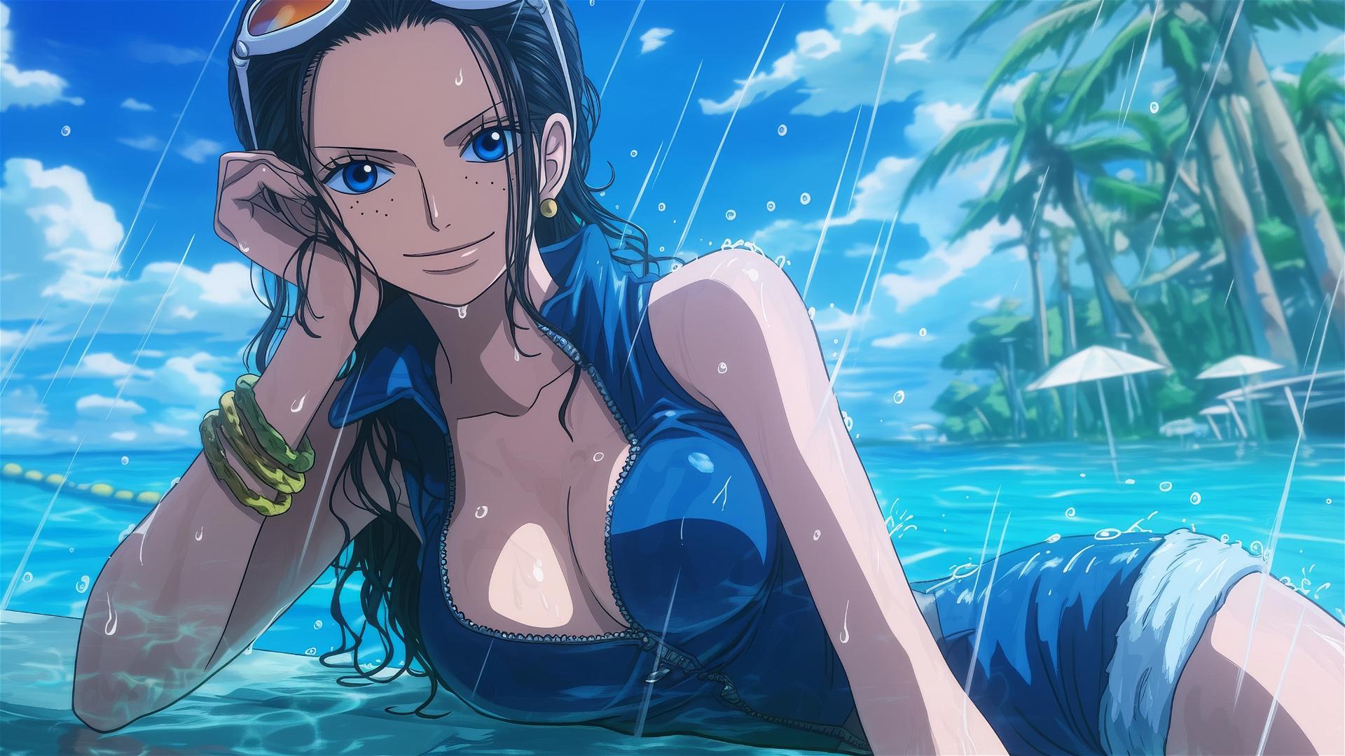 Nico Robin from One Piece by rainy pool under moonlight with blue eyes in bunny girl style