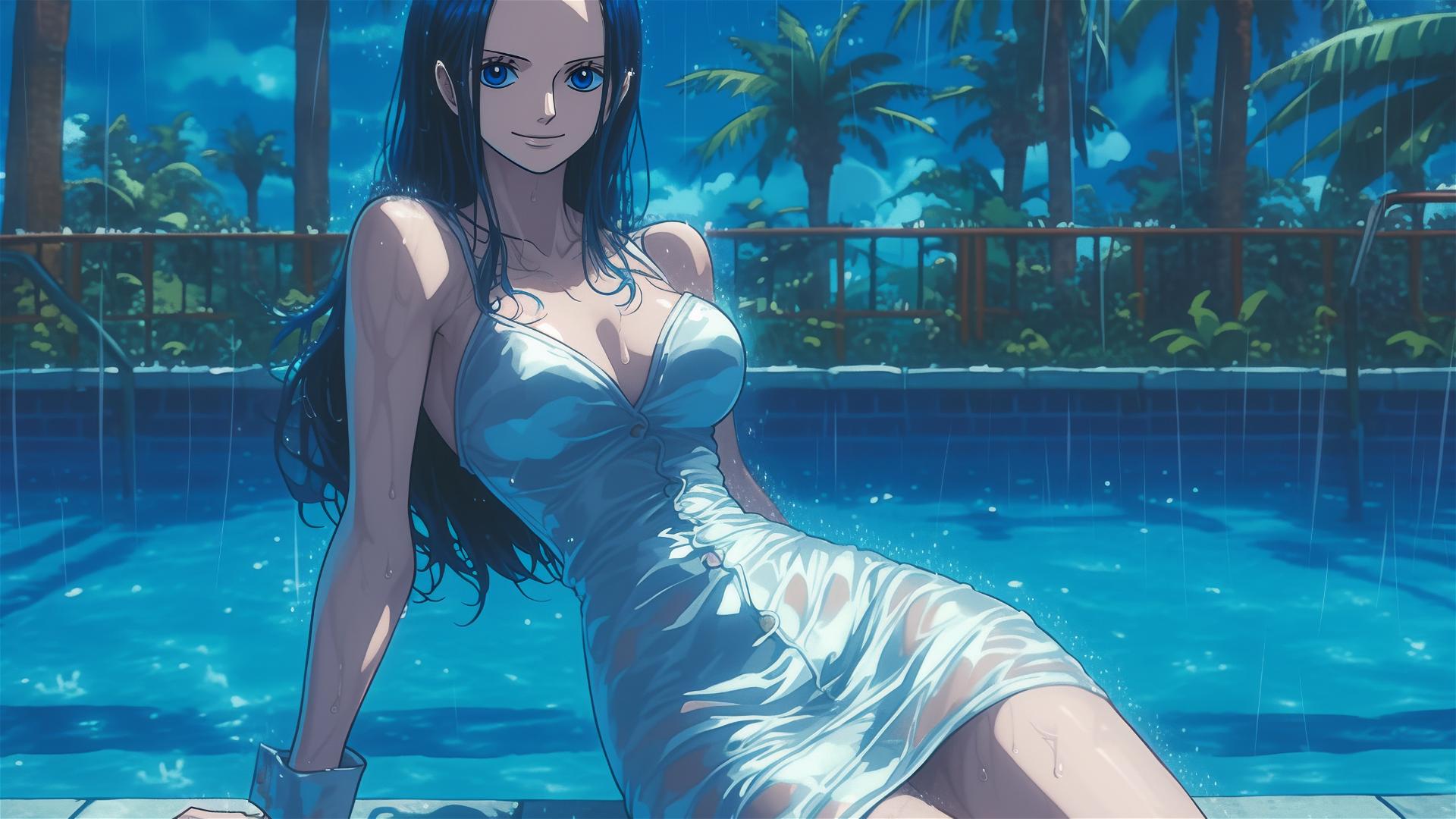Nico Robin from One Piece by pool in moonlight, bunny girl pose, white dress, rainy